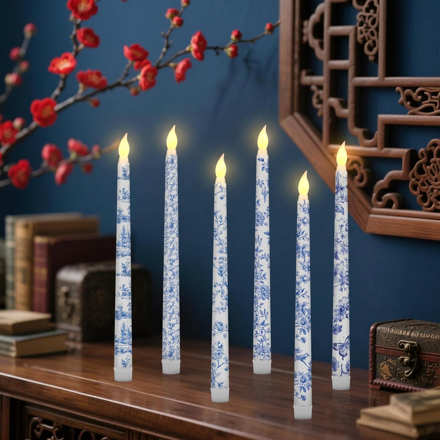 24 Pcs Chinoiserie Flameless Candles 10.8 Inch Floral Taper Candles Blue and White Battery Operated Candle Chinoiserie Decor for Wedding Table Centerpiece Garden Home Party Decor Supplies