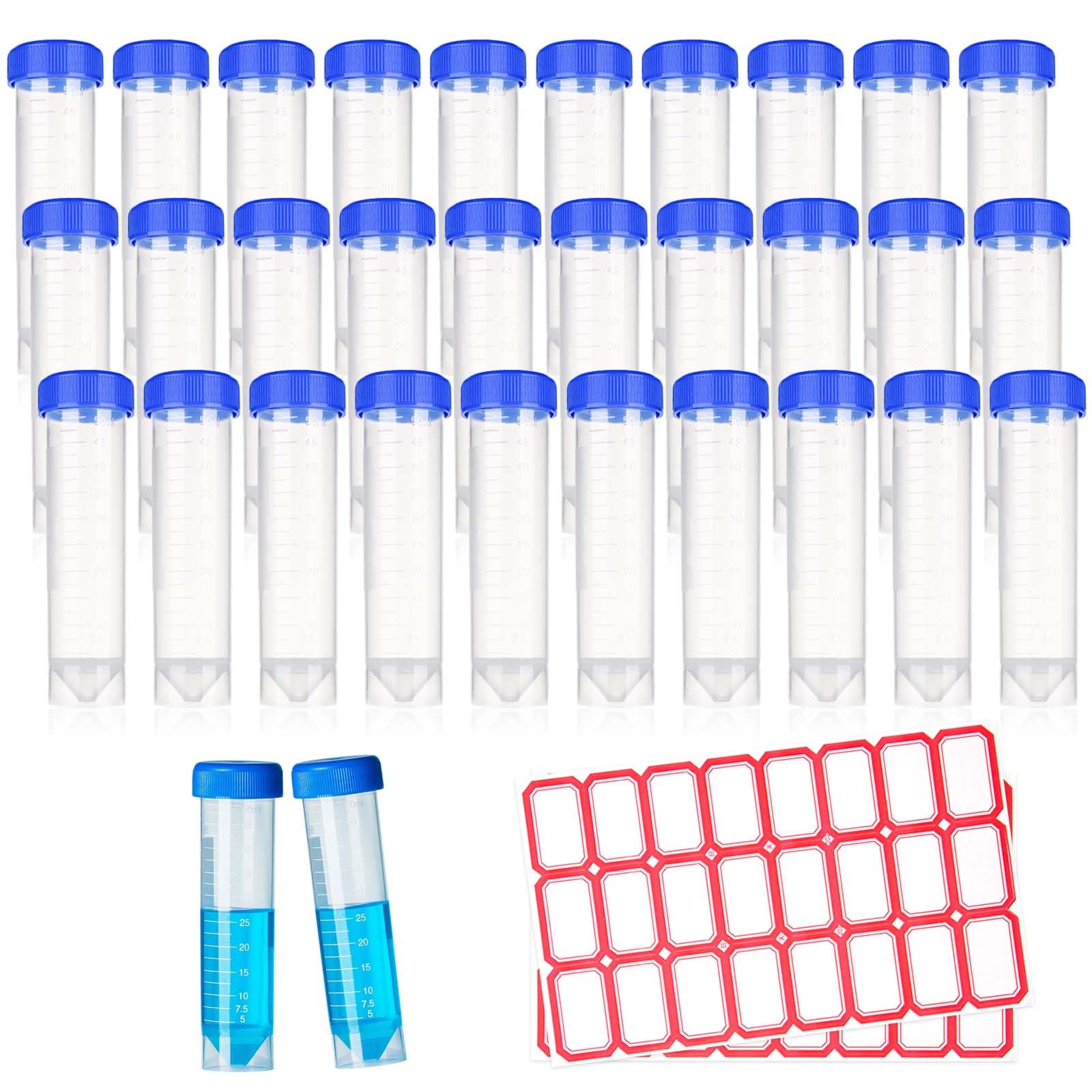 SRVAXZN 30 Pcs 50ml Plastic Test Tubes with Lids, Centrifuge Tubes with Screw Cap Clear Vial Sample Bottles with 2 Sheet Sticker for Lab Liquids Storage DIY