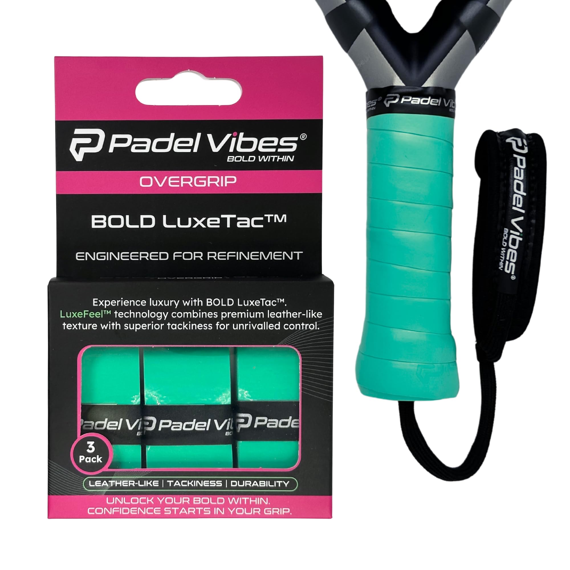 Padel Vibes® BOLD LuxeTac™ Overgrip | Ultra Tacky, Sweat-Absorbing, Luxurious Leather-Like Feel | Durable Overgrip Tape for Padel, Tennis, Squash, Badminton, and Pickleball Rackets (Aqua | 3-Pack)