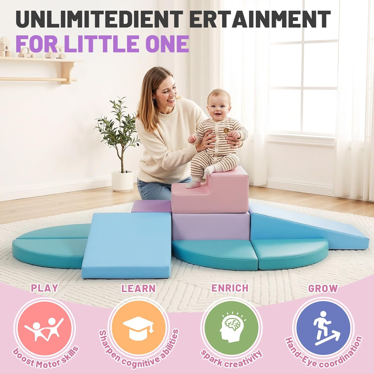 TODIBY 9-Piece Climbing Toys for Toddlers: Soft PU Leather Foam Blocks - Baby Climb and Crawl Activity Blocks - Kids Play Gym Equipment Indoor for Development(Macaroon)