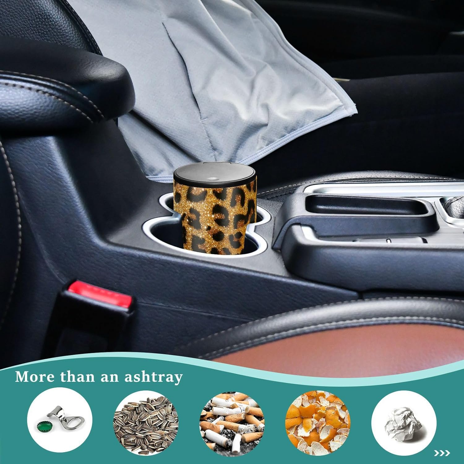 Brown Leopard Print Car Ashtray with Lid Golden Glitter Animal Skin Portable Smokeless Ashtray Mini Car Trash Can Detachable Cigarette Ash Tray for Cup Holder
