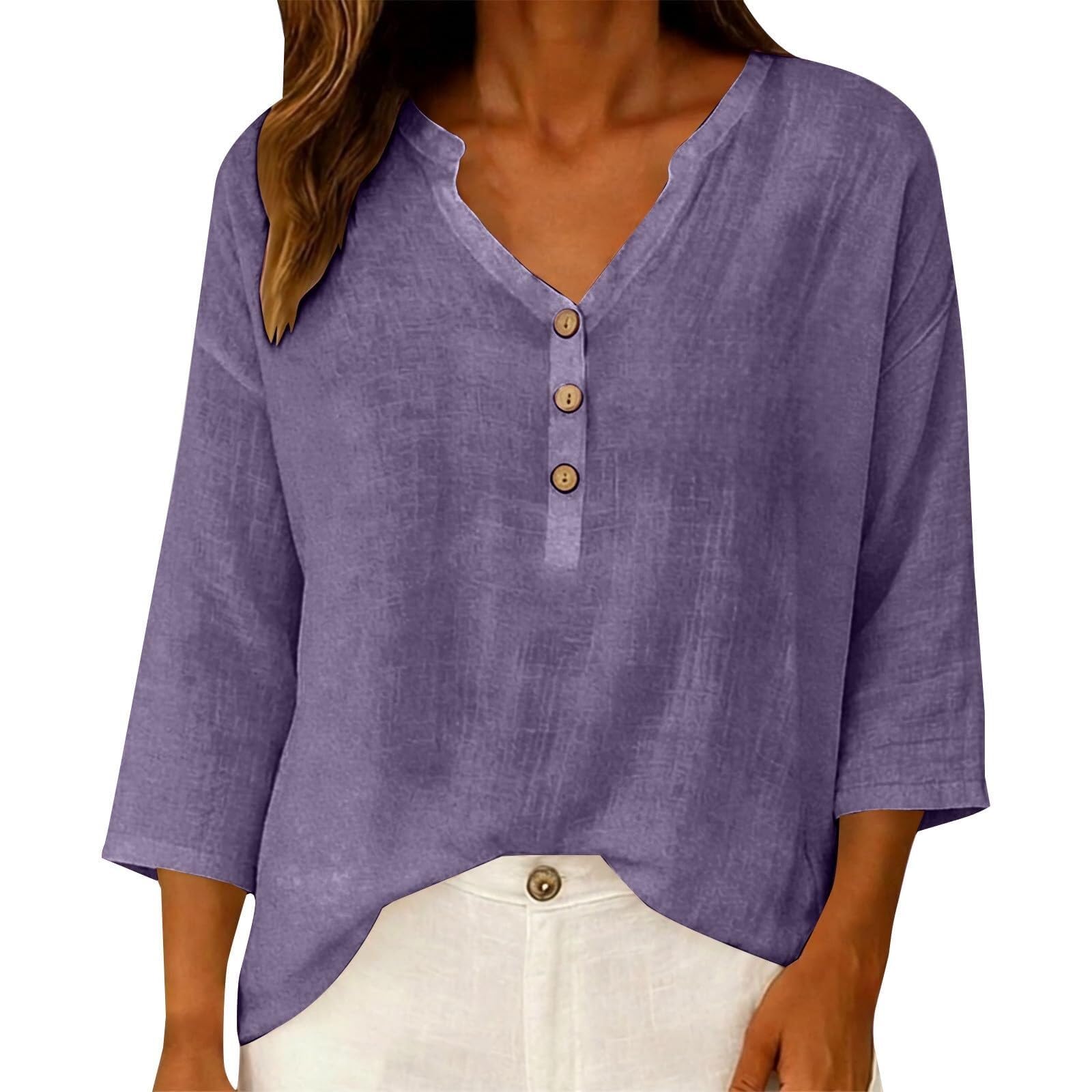 Camicetta da donna in mussola con maniche a 3/4, in lino, scollo a V, con bottoni | Materiale traspirante in cotone e lino, vestibilità comoda, versatile, elegante abbottonatura