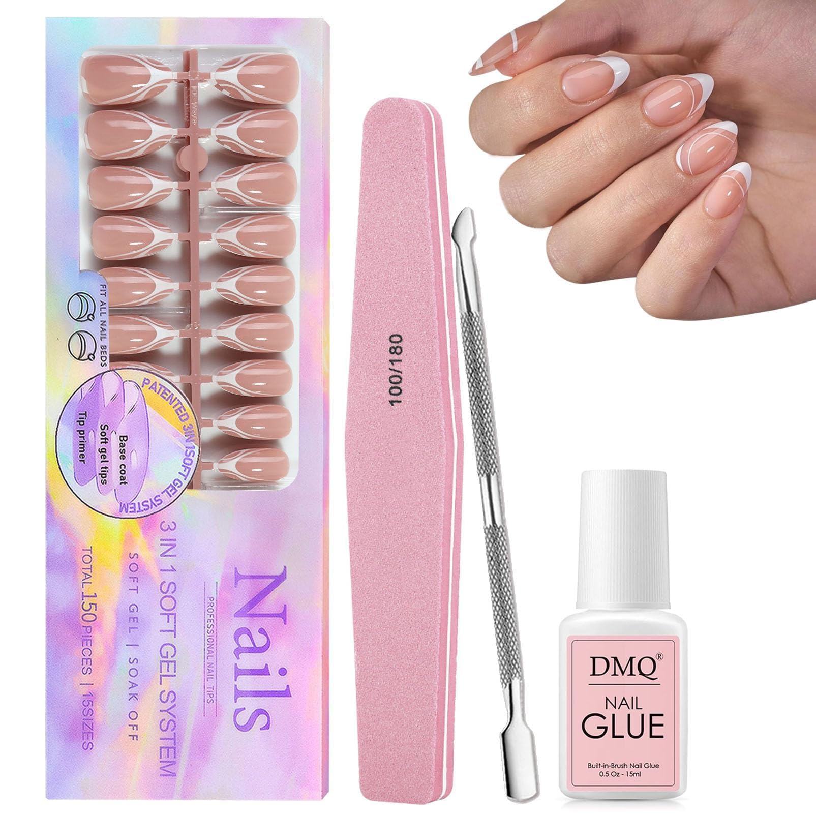 DMQ French Tip Press on Nails, 5 Styles XCOATTIPS Short Almond False Nails, 150Pcs Pre-Designed French Fake Nail Tips with Swirl, Soak Off Acrylic Glue on Nails for Women Easy DIY Nail Art