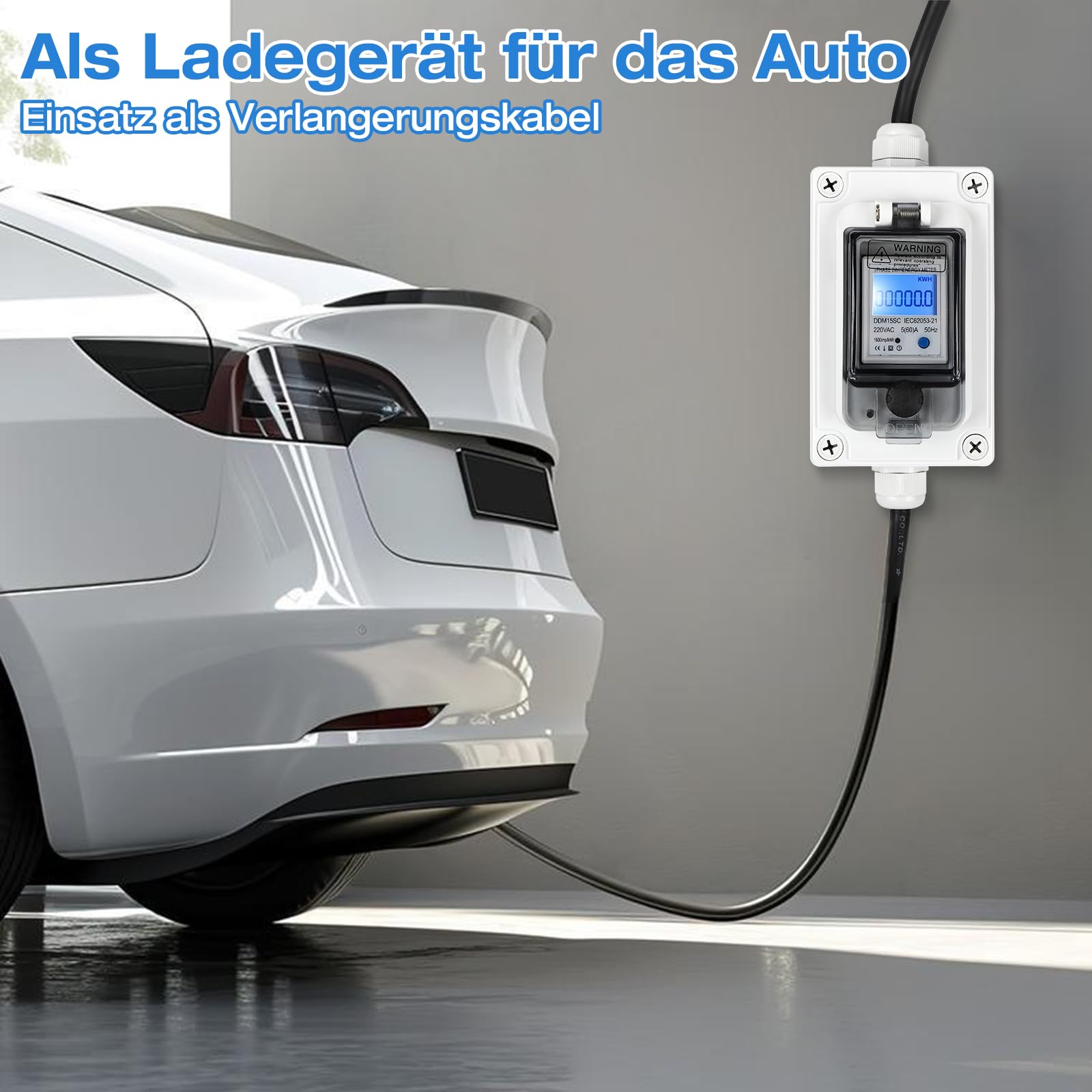 Compteur électrique numérique mobile pour prise de courant 230 V, 60 A - Appareil de mesure d'extérieur avec étanchéité IP67 - Stockage en cas de panne de courant et réinitialisation à un bouton pour