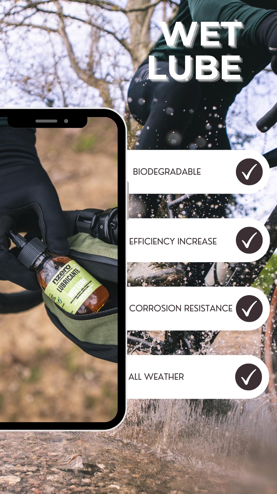 NZERO │ Lubrificante per catene di bici │ Olio 100% biologico organico │ Per mountain bike MTB, Road, Gravel, Urbane City, Elettriche e-bike │ 100 ml