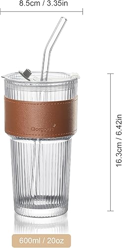 Miniatura 7 de Joeyan Vasos de vidrio con tapas y popotes de vidrio, taza de café helado vintage acanalada con funda de cuero, cócteles de agua transparente, vasos