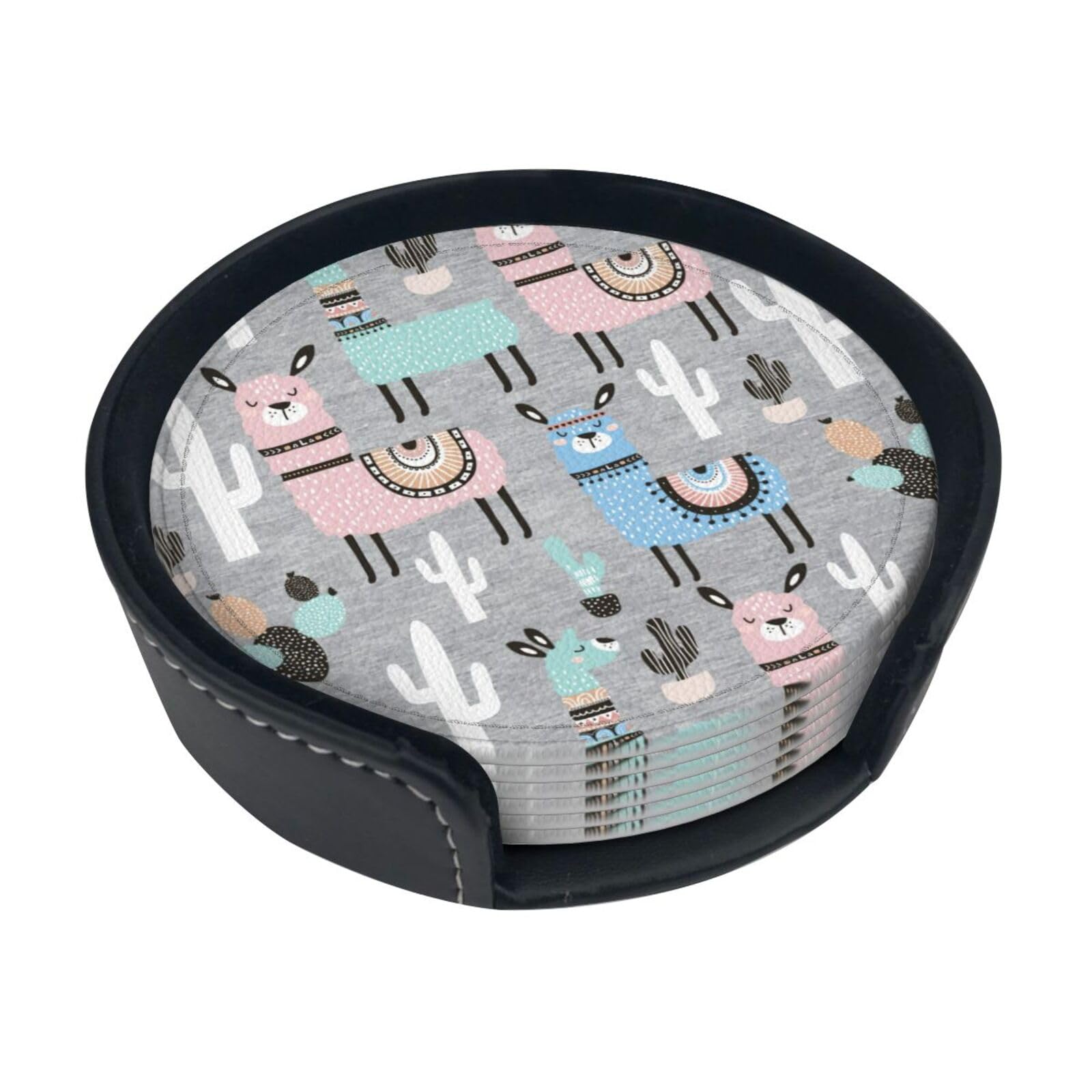 Llama Cactus Print Round Coasters Set Of 6,Coaster For Tabletop Protection Home Bar Decor