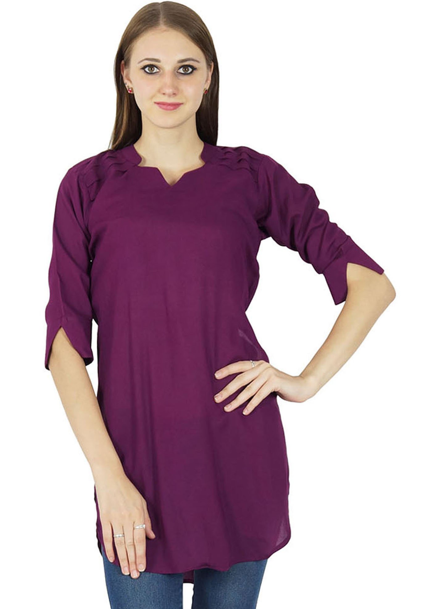 Solid Cotton Kurti Casual Dress Indian Ethnic Bollywood Top Tunic Women Kurta Purple