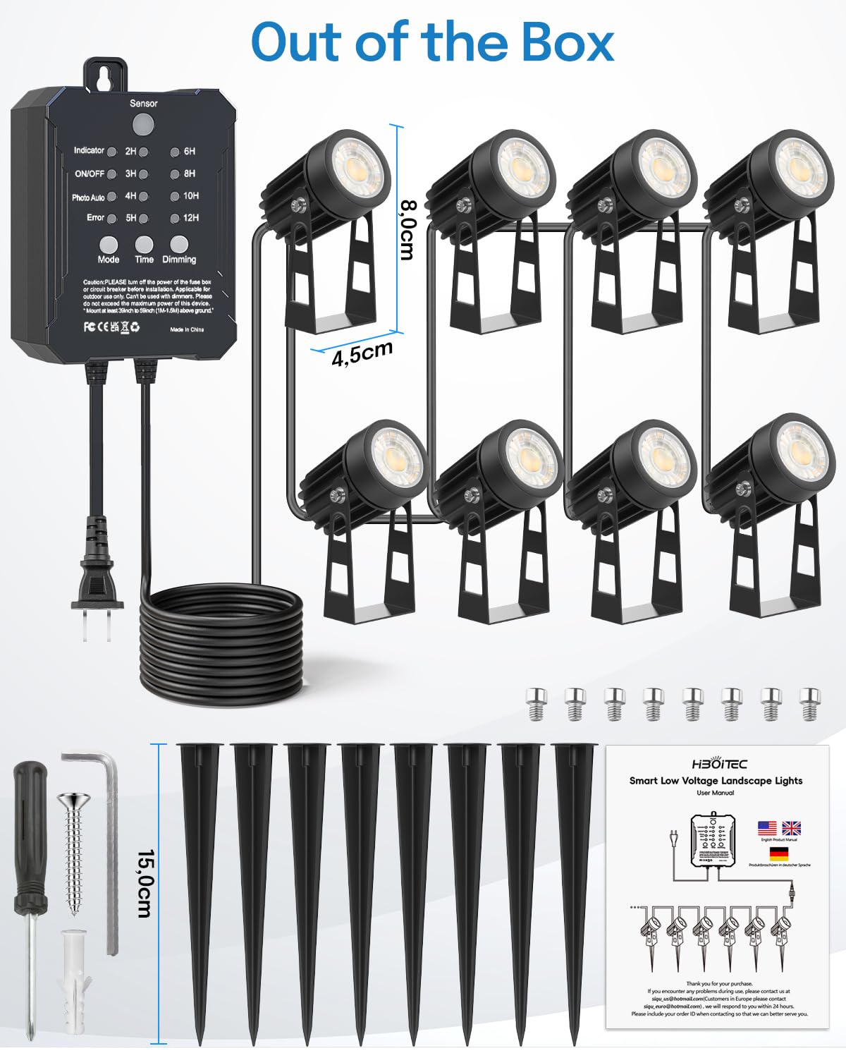 HIBOITEC 8 pezzi di illuminazione da giardino con trasformatore, 20,7 m di illuminazione da giardino con fotosensore, dimmerabile 2000K faretti da giardino a LED impermeabili per esterni