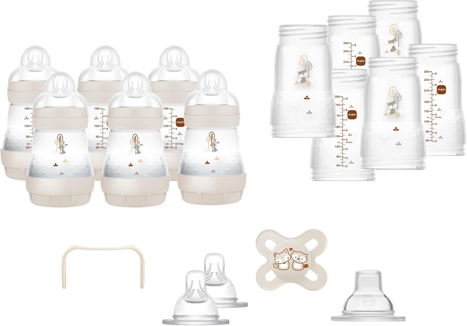 MAM Easy Start Anti-Colic zestaw butelek dla niemowląt XXL, pierwsze wyposażenie wraz z smoczkiem, butelkami, smoczkami i innymi, zestaw prezentowy dla niemowląt, od urodzenia, beżowy