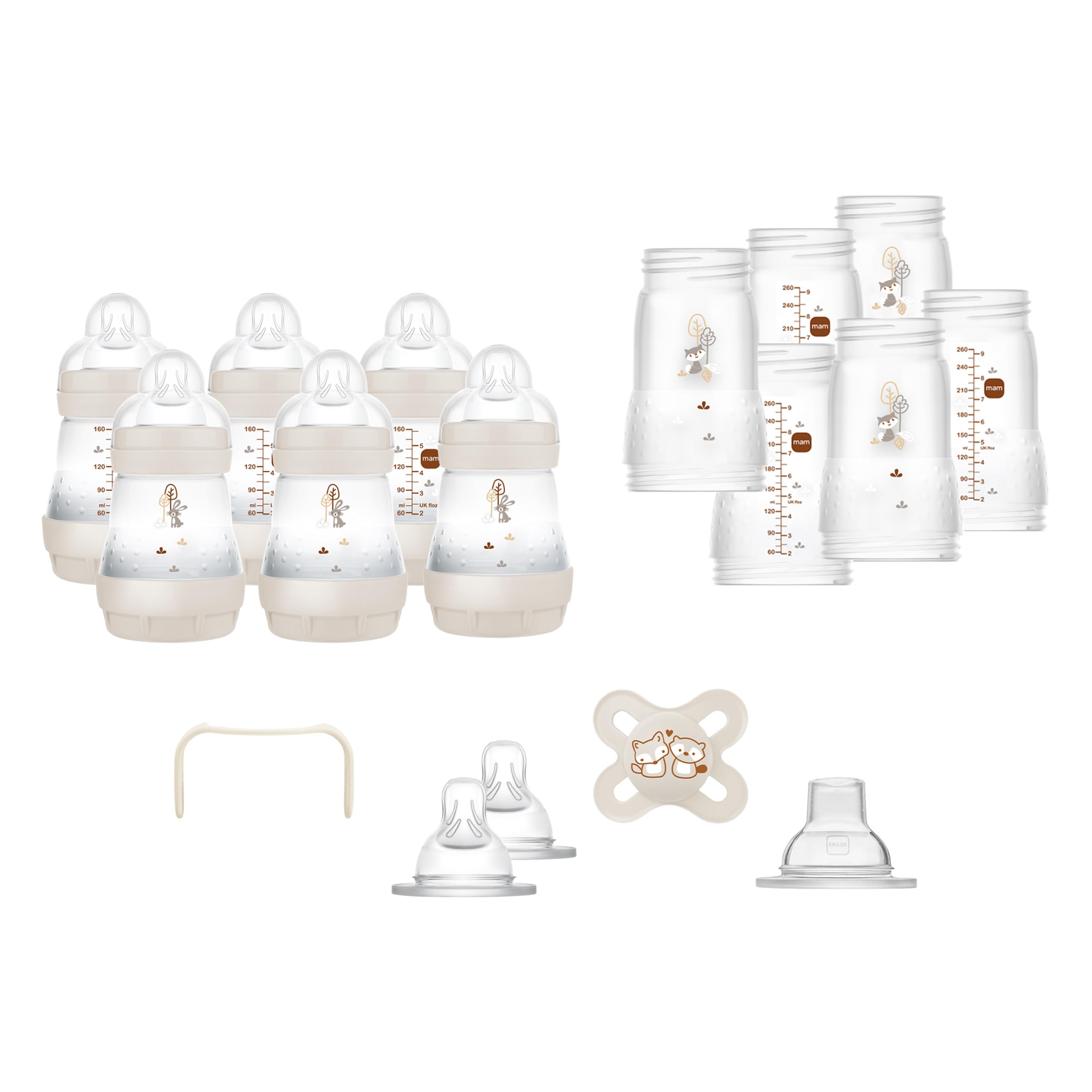 MAM Easy Start - Juego de biberones anticólicos XXL, equipamiento inicial para bebés con chupetes, biberones, tetinas y más, set de regalo para bebés desde el nacimiento, color beige