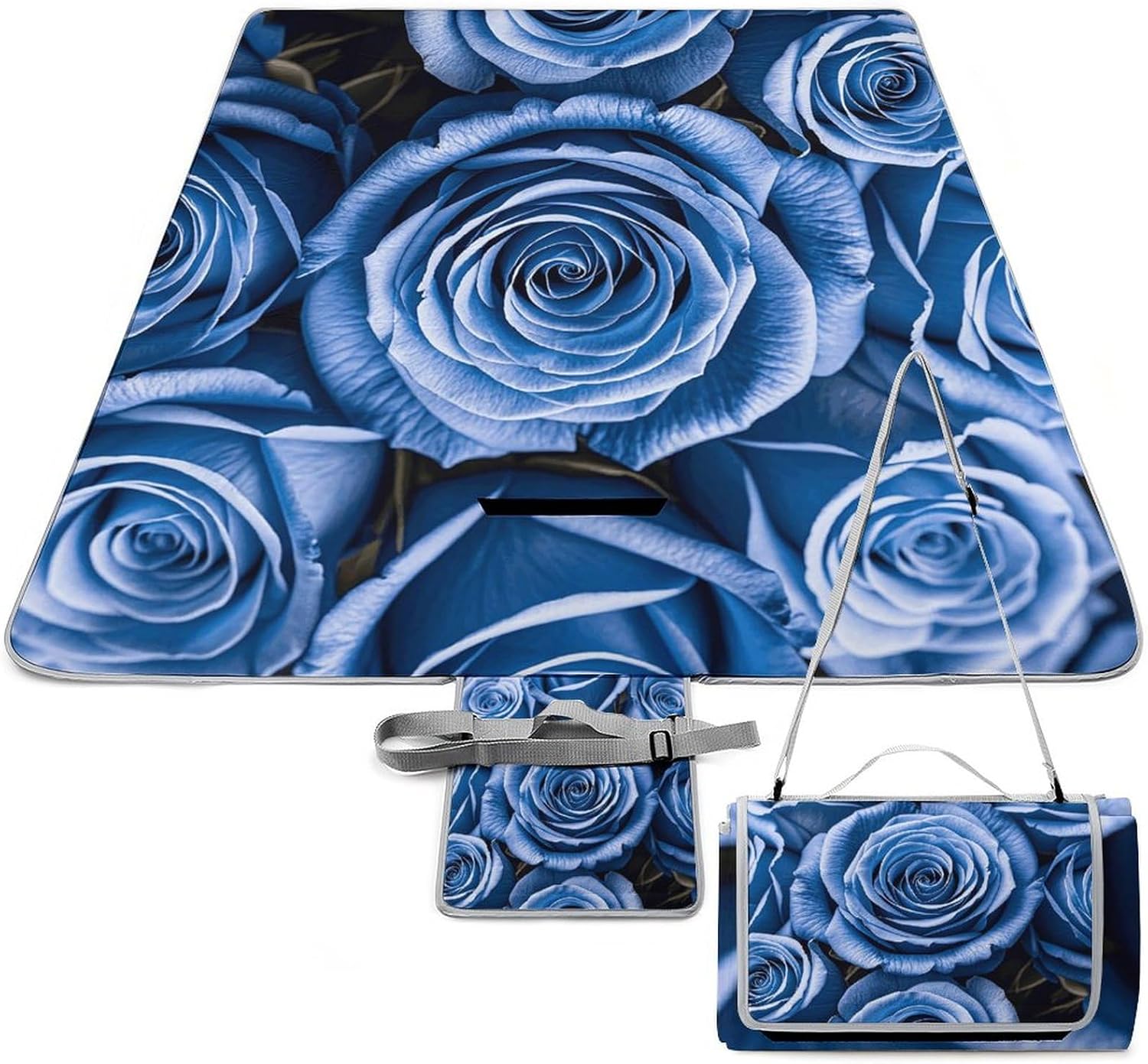 Outdoor Picnic Blanket Extra Large Beach Blanket Waterproof Picnic Mat Blue Flower Pattern Roses Camping Blanket Portable with Carry Strap Park Blanket for Grass Camping Park