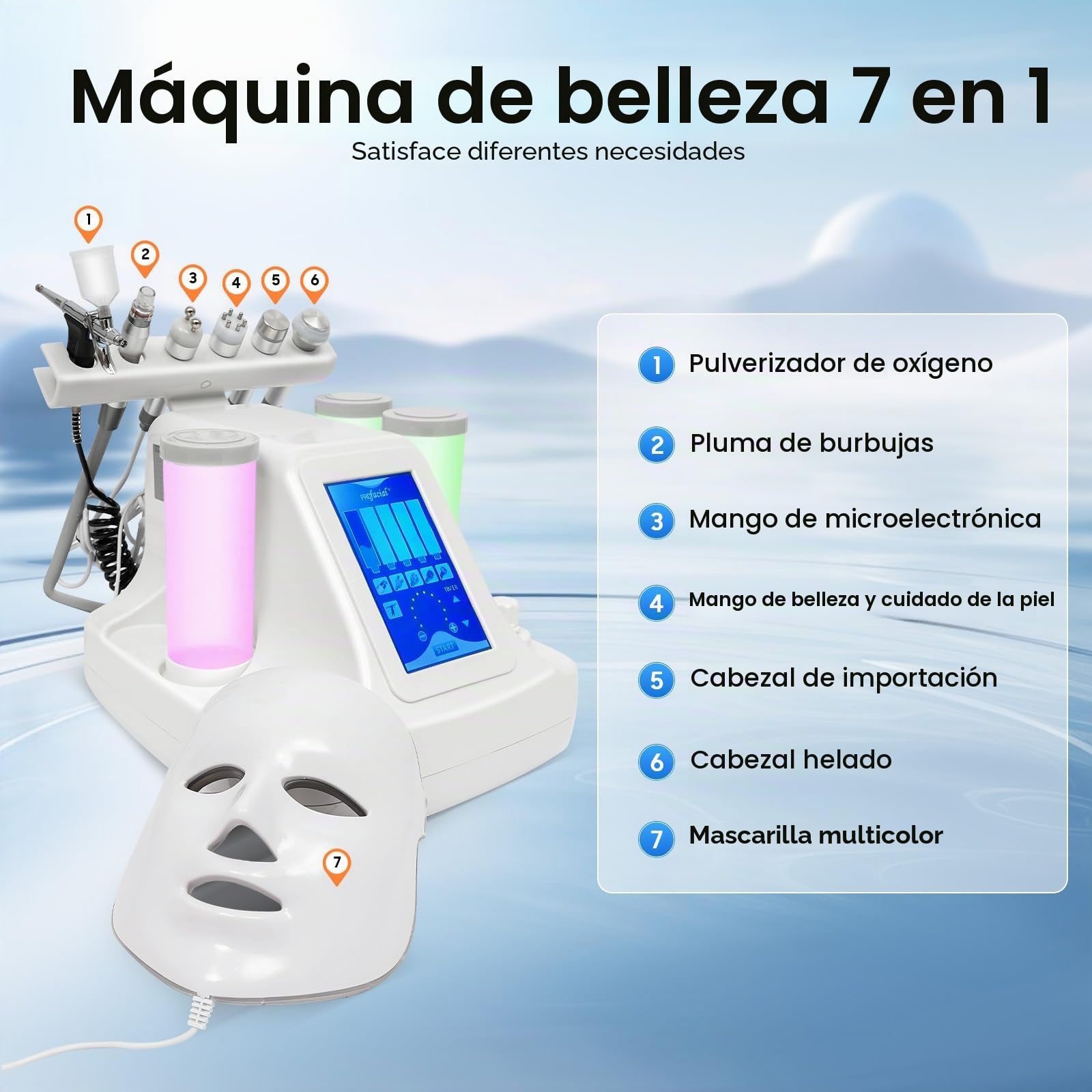 Máquina de oxígeno de agua 7 en 1, Dermabrasion Hydro Limpieza profunda Hydra Beauty Facial Care Machine con máscara LED, Hydro Dermobrasion Jet Peel pequeño dispositivo de burbuja