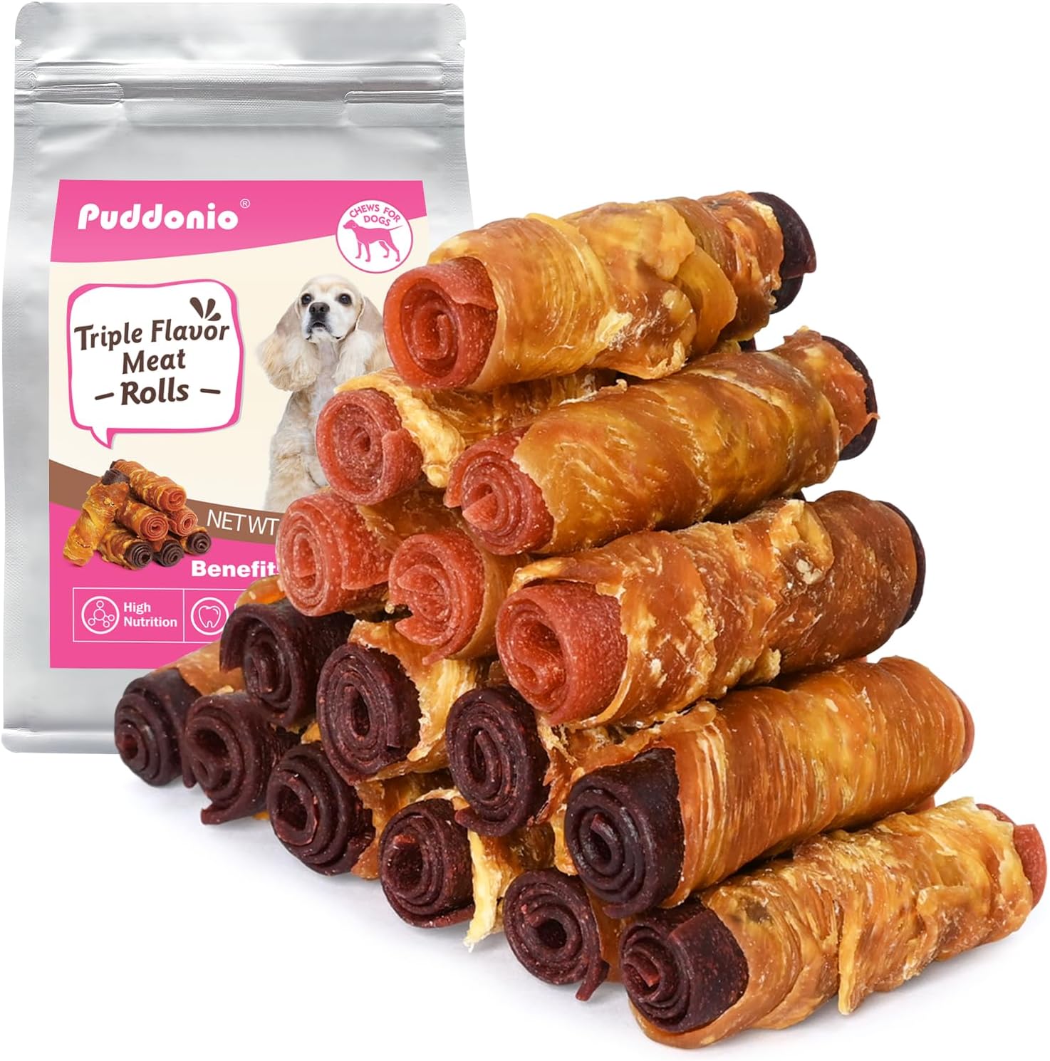 Dog Treats, Triple Flavor Chicken, Duck & Beef Meat Rolls, Rawhide-Free Soft Treats for Small Dogs, 21.2 oz