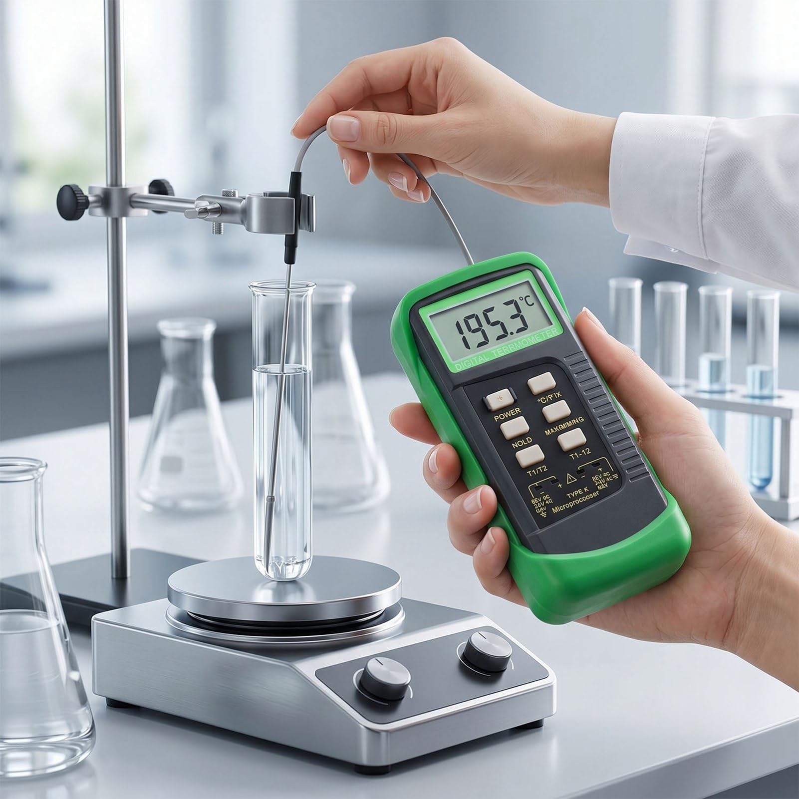 Naroote Termometro per Termocoppia Tipo K Tester per Termocoppia Tipo K a Doppio Canale con 2 Sonde 2 Mantenimento Dati Massimo Minimo Medio per Alimenti Industriali HVAC