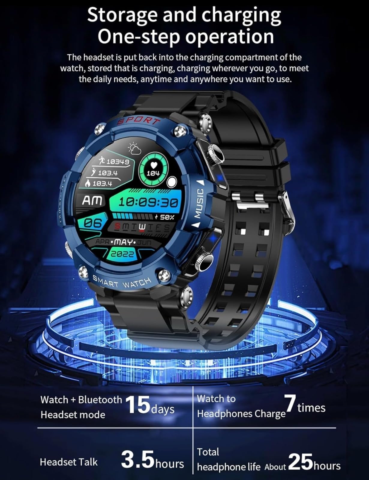 Smart Watch con tappi per le orecchie da uomo, orologio fitness rotondo da 3,9 cm, orologio Bluetooth 2 in 1, con passi, calorie, smart watch sportivo, lungo standby, adatto per iOS e Android