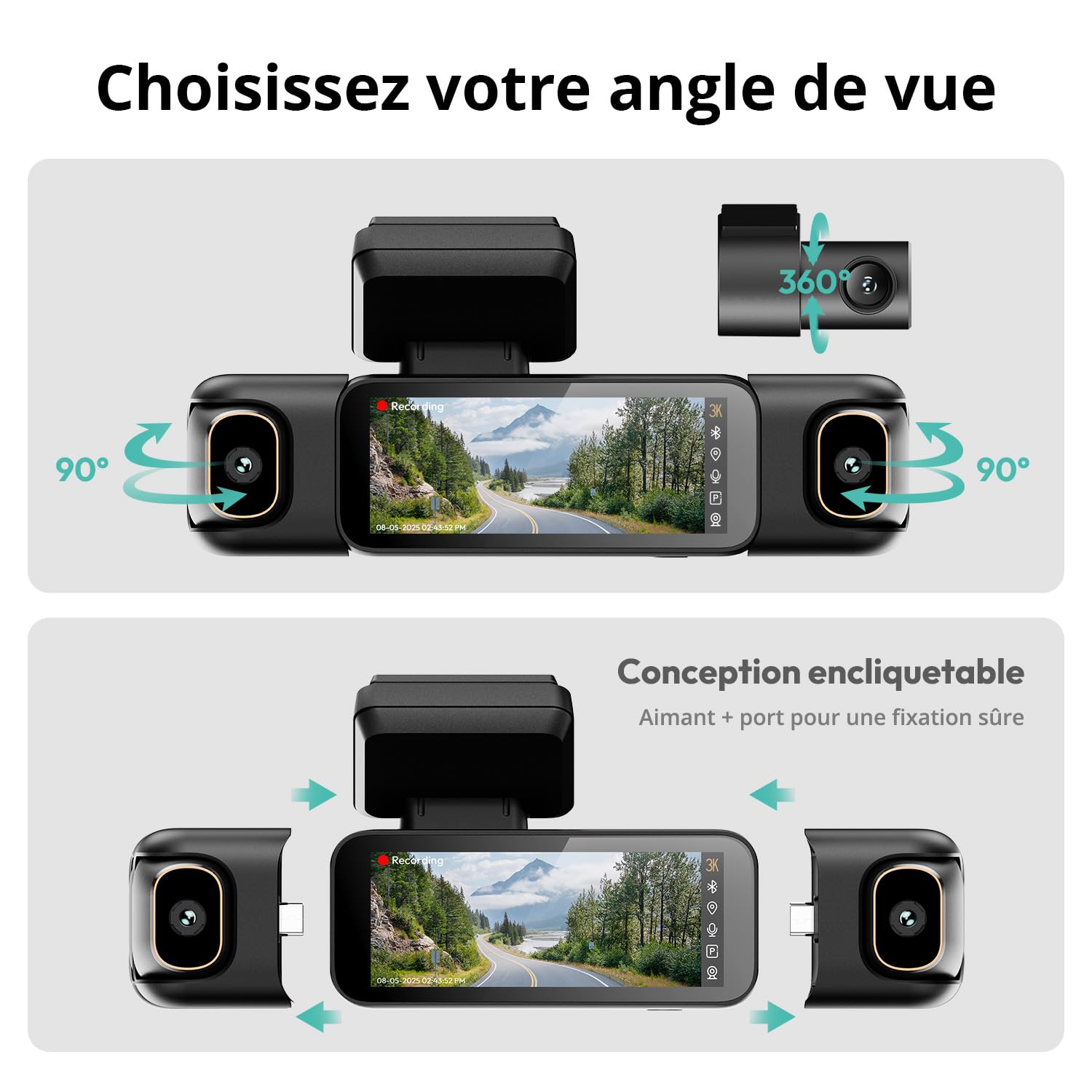 BOTSLAB 4 Canaux Dashcam Voiture,Dashcam 3K/4K Avant et 1080p*3,Caméra Embarquée 560°& 5.8GHz WiFi GPS avec carte SD 128G, Commande Vocale,Vision nocturne, 24H Parking Mode avec Kit de Câblage Incluse