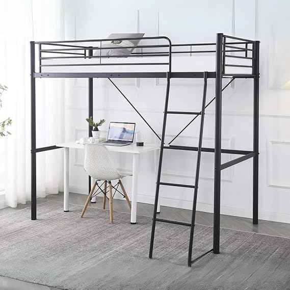 Reinforced Beds Newton High Sleeper Bed Frame, Heavy Duty Metal Loft Bed for Kids & Teens, 90 x 190 cm Single, Black, Reinforced Steel Frame, Reversible Ladder, 147cm Underbed Clearance, Space Saving