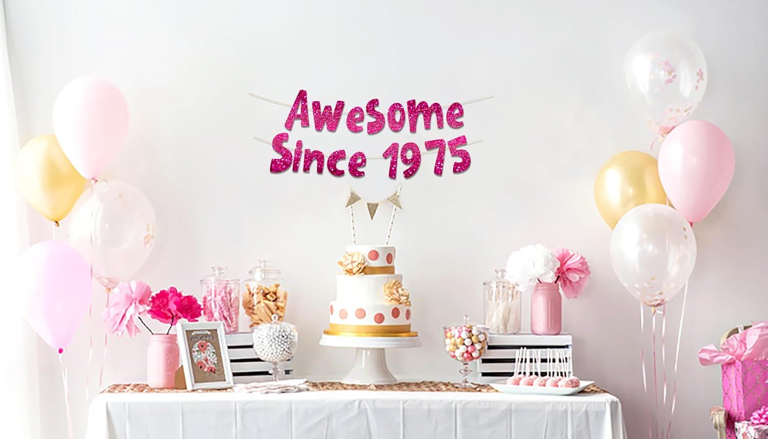 Pre-Strung Awesome Since 1975 Pink Glitter Banner - Funny 51st Birthday and Anniversary Decorations for Men and Women - Party Supplies and Gifts image 2