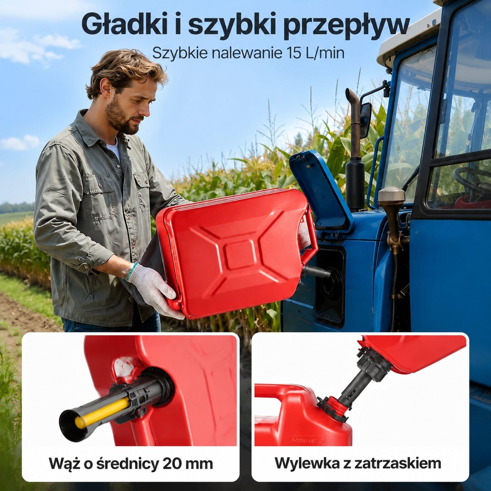 Kanister na Paliwo 20 l, Metalowy Pojemnik na Benzynę z Dziobkiem i Uchwytem, Czerwony do Samochodu, Motocykla, ATV i UTV, 2 szt