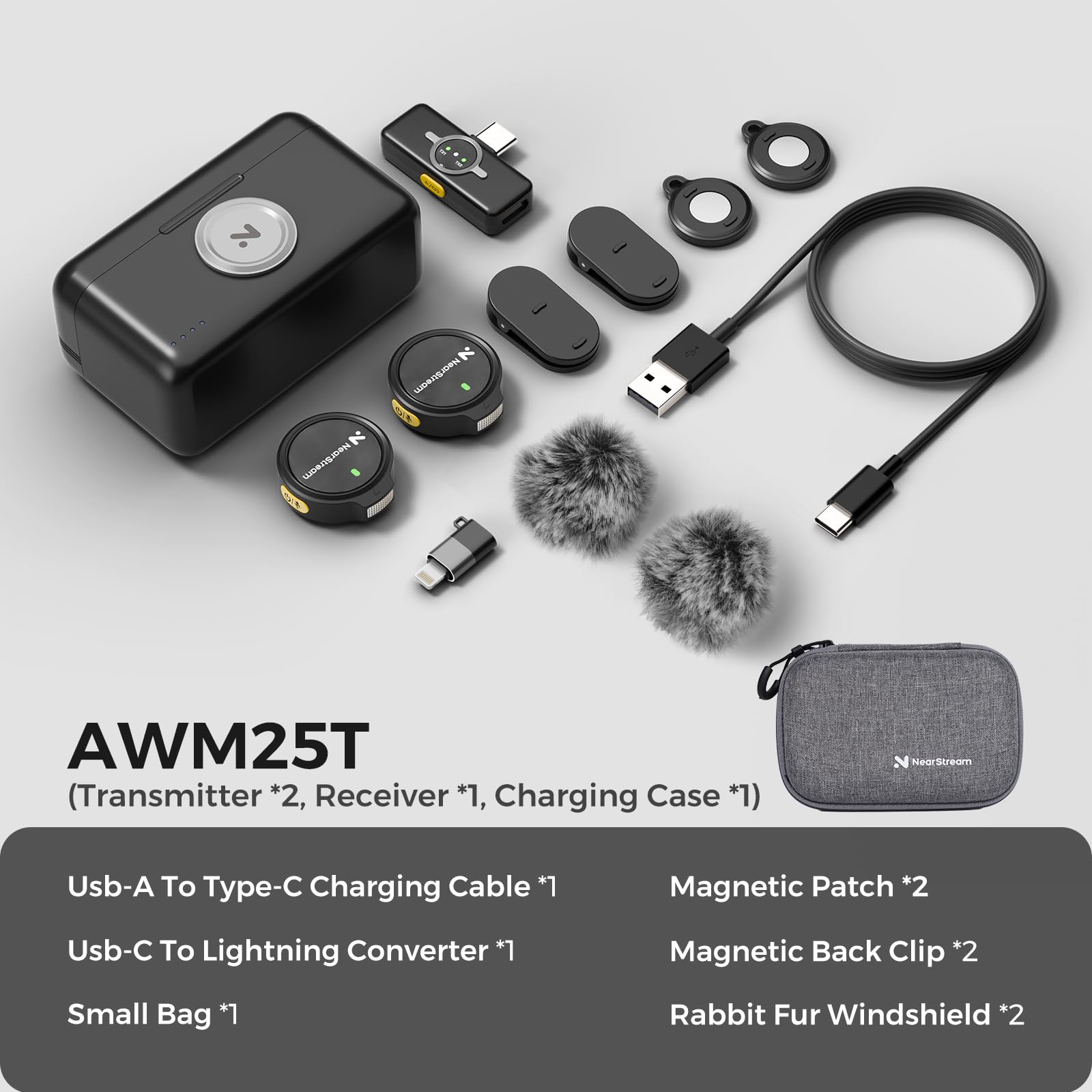 NearStream Microphone Cravate sans Fil pour iPhone, Android et PC, AWM25T | Réduction du bruit, jusqu'à 24 heures d'autonomie, connexion Lightning et USB-C Plug-and-Play