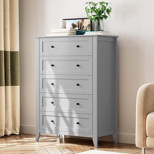 IDEALHOUSE Grey 5 Drawer Dresser for Bedroom, Tall Dresser with Deep Drawers & Metal Knobs, Modern Wooden Chests of Drawers for Entryway, Hallway