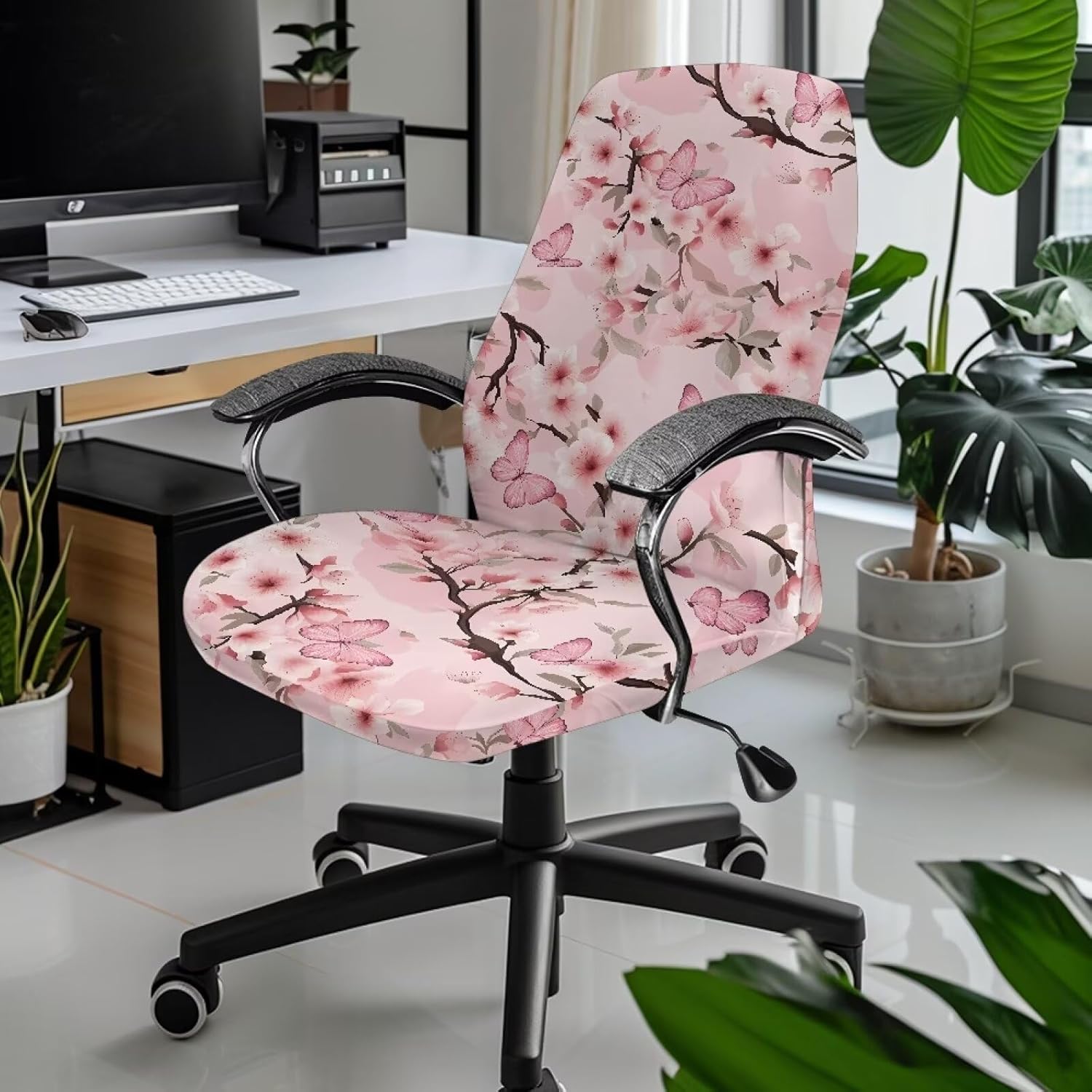 Talayituse Butterfly Cherry Blossom Print Stretch Computer Office Chair Cover Universal Rotating Chair Desk Chair Cover High Back Chair Slipcover for Desk Computer Chair, L