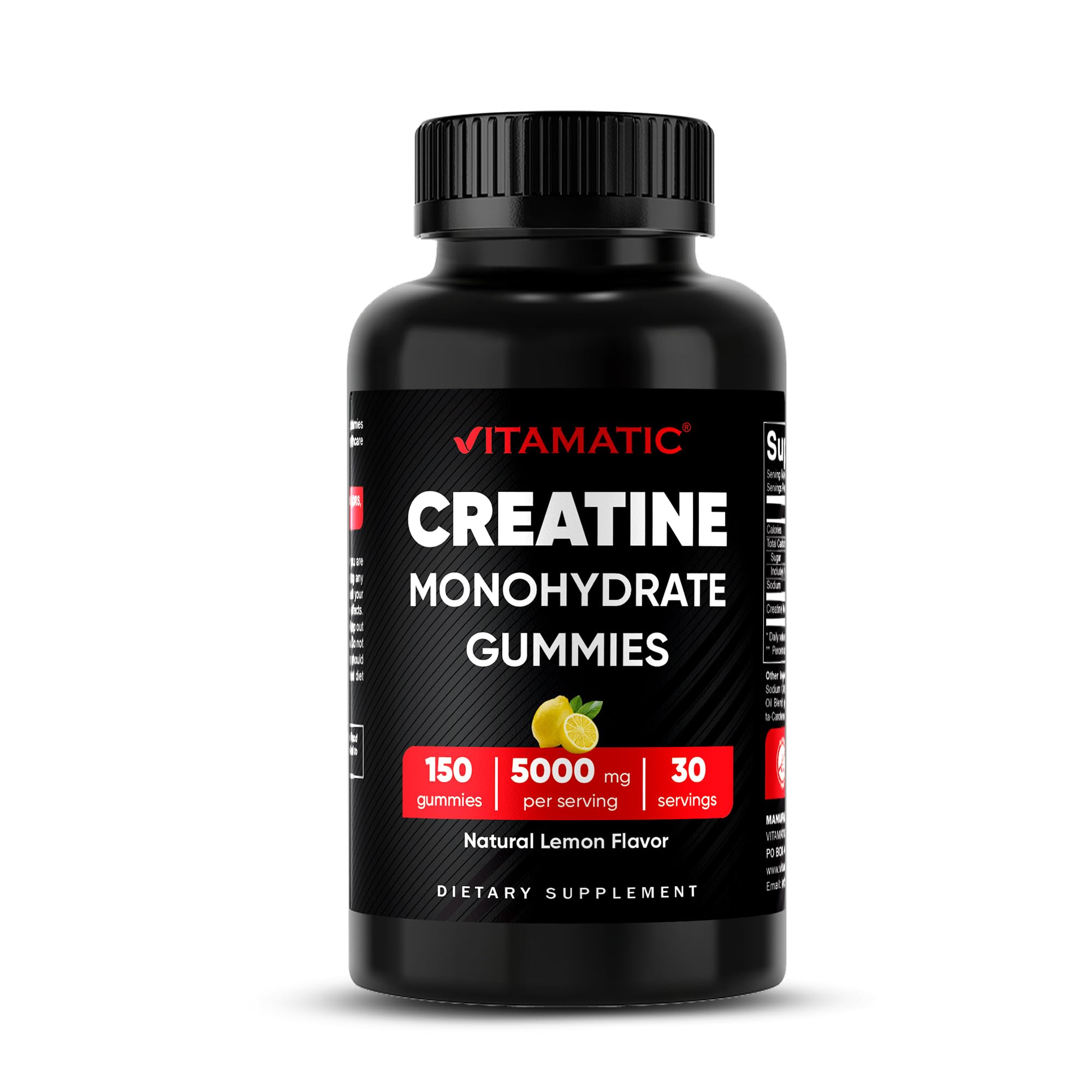 Vitamatic Creatine Gummies 5000mg per Serving Natural Lemon Flavor – 150 Gummies – Creatine Monohydrate for Muscle Strength, Energy & Recovery – Non-GMO, Gluten-Free