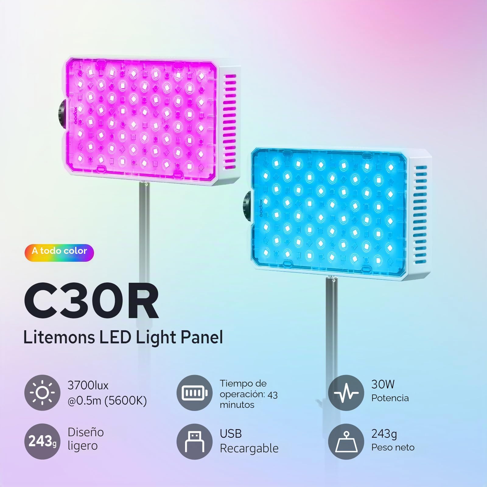 Godox Litemons C30R RGB LED Video Light 30W LED Panel Luz | 1800K-10000K a Color Completo y Modo FX, 2200LUX/Batería Integrada, Ultraportátil LED Panel Luz para Fotografía, Vlogs