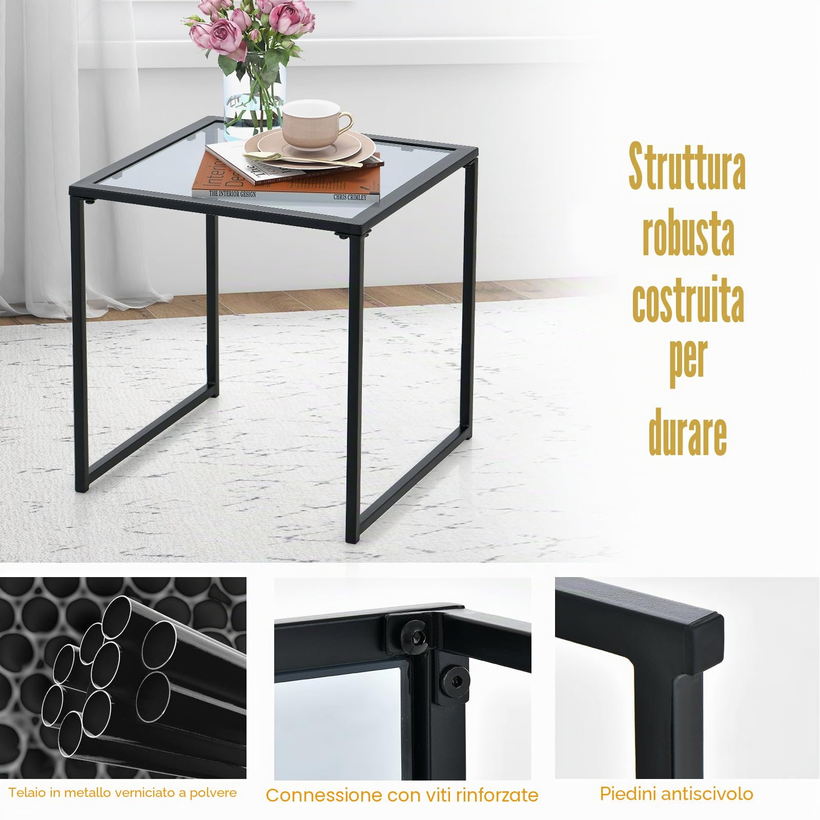 KOMFOTTEU Tavolino da esterno con piano in vetro temperato, tavolo basso, telaio in metallo, carico di 30 kg, tavolo laterale per patio, balcone, soggiorno, 43 x 43 x 45 cm, nero