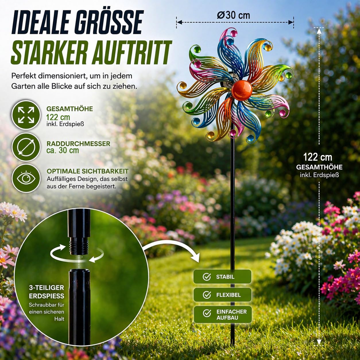 Kremers Schatzkiste Girandola a vento a forma di fiore, in metallo, con cuscinetti a sfera, Ø 30 cm/122 cm, con picchetto, 3 pezzi, decorazione da giardino resistente alle intemperie, per aiuole