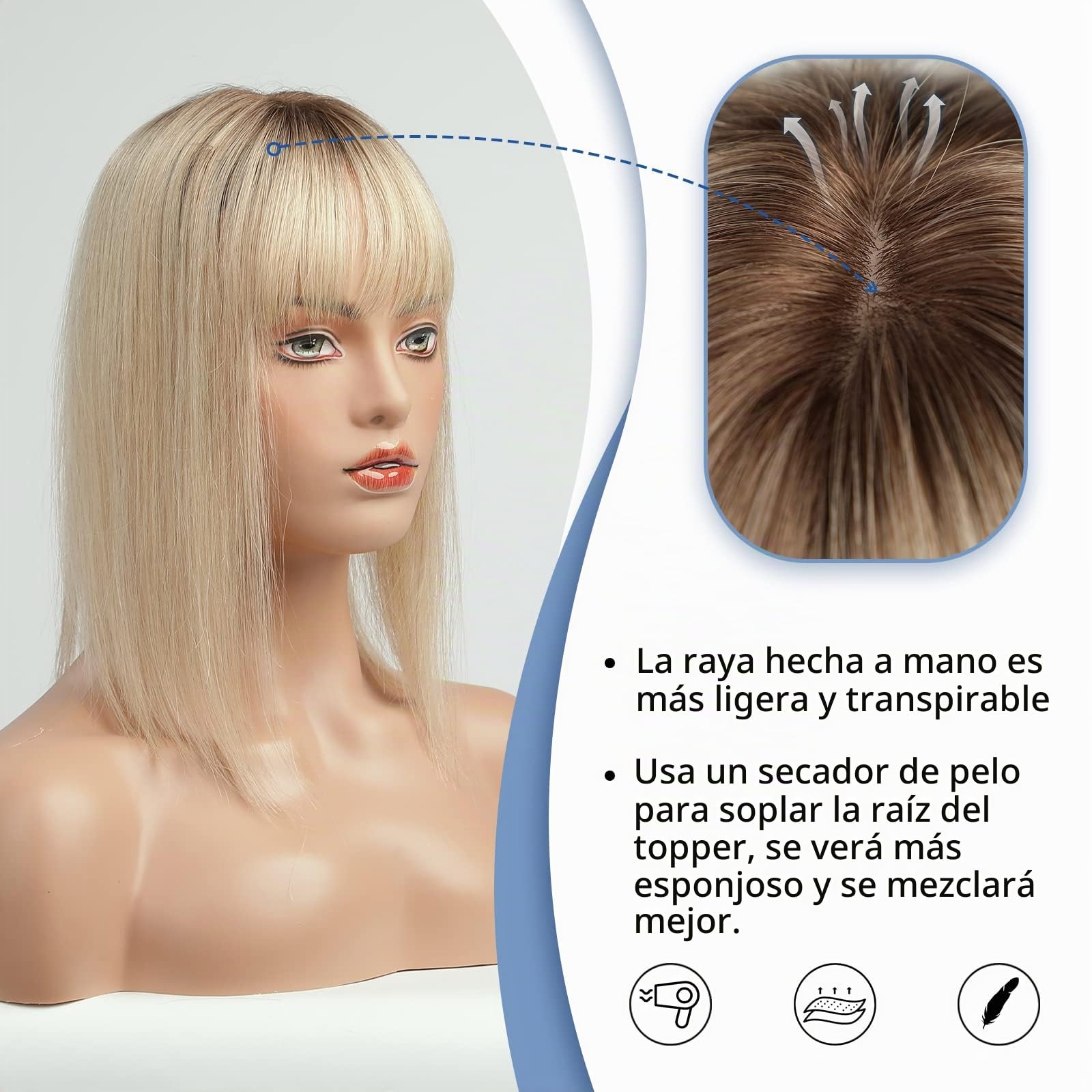 HAIRCUBE Peluca femenina peluca superior 100% con flequillo en el pelo humano, 150% de densidad base de seda clip ligero pérdida de cabello/cabello delgado / 14in 40 g (Marrón oscuro y oro claro)