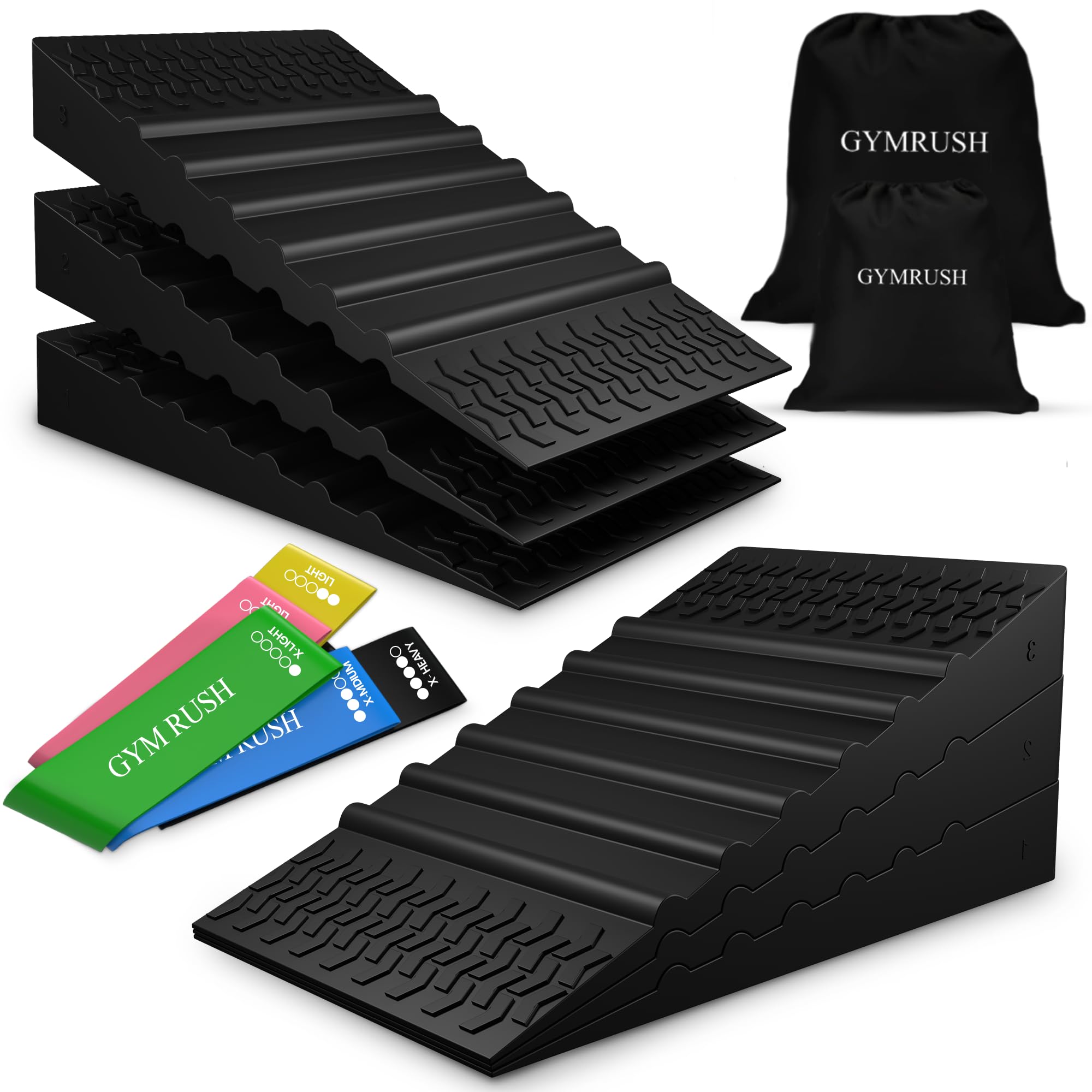 GYMRUSH Squat Wedge Block 6PCS Resistance Bands 5PCS Adjustable Non-slip Rubber Squat Ramp Weight Lifting Deadlift Calf stretcher