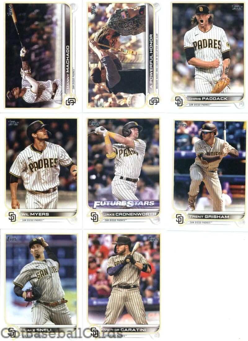 2022 Topps Complete (Series 1 & 2) San Diego Padres Team Set of 20 Cards: Tommy Pham(#16), Ryan Weathers(#70), Fernando Tatis Jr.(#100), San Diego Padres(#124), Fernando Tatis Jr.(#125), Ivan Castillo(#140), Ha-Seong Kim(#188), Jake Arrieta(#214), Joe Musgrove(#266), Eric Hosmer(#272), Adam Frazier(#304), Yu Darvish(#309), Victor Caratini(#384), Blake Snell(#413), Trent Grisham(#439), Wil Myers(#502), Jake Cronenworth(#510), Chris Paddack(#592), plus more