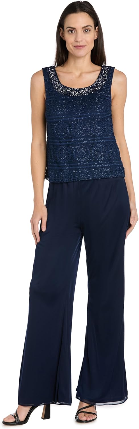 3PC Glitter Embroidered Pant Suit W/Pearl Neckline