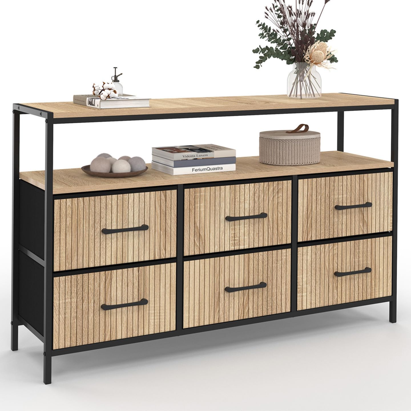 IDMarket - Cómoda con 6 cajones de tela Utah, 115 cm, con nicho efecto lamas, mueble de almacenamiento, diseño industrial