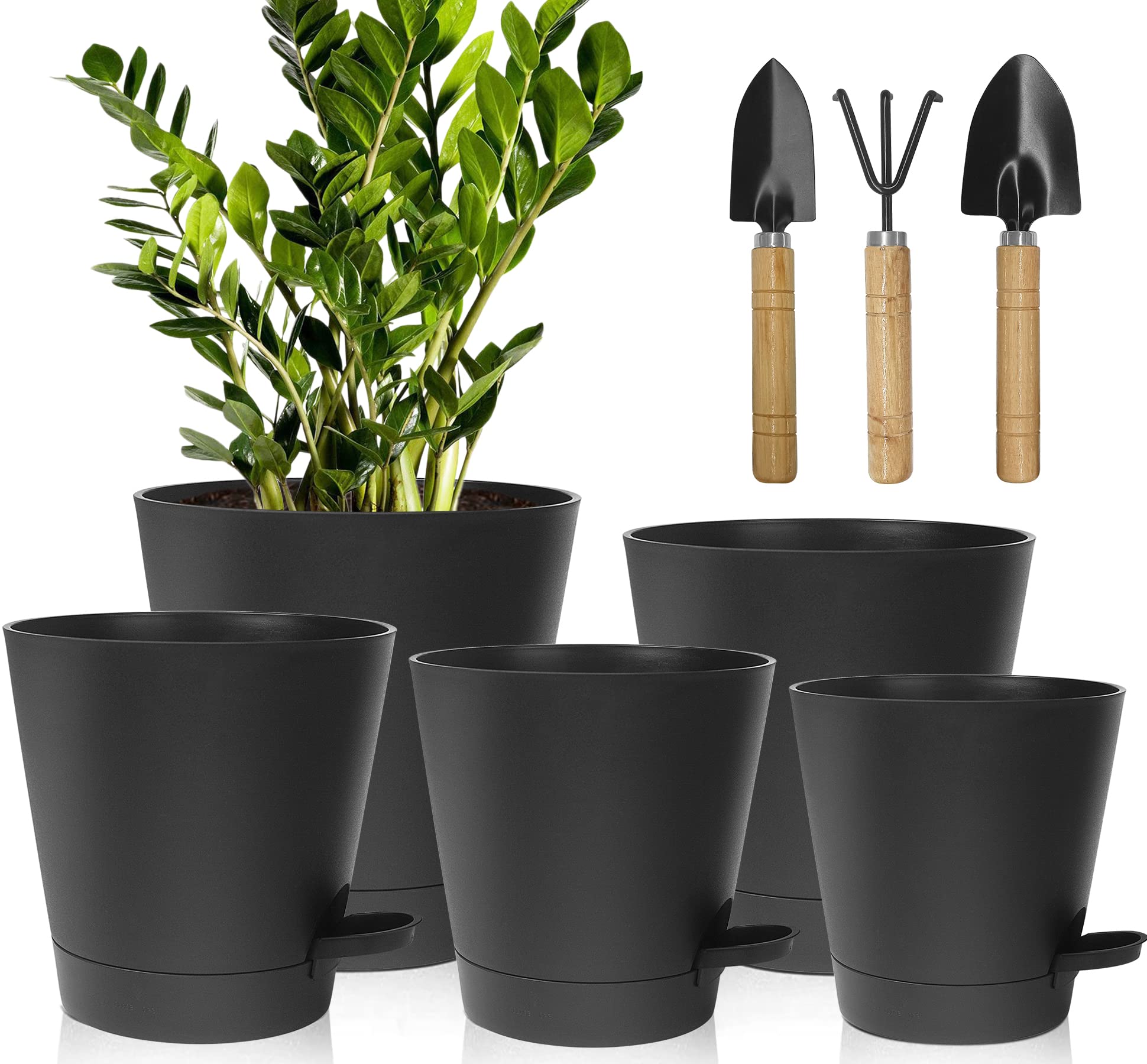 Macetas para Flores Juego de 5, 17.8/16.5/15.2/13.9/12.7cm macetas de Auto-riego, Maceteros Decorativos Interior con Agujeros de Drenaje, Macetas De Flor para Interior para DecoracióN del Hogar(Negro)