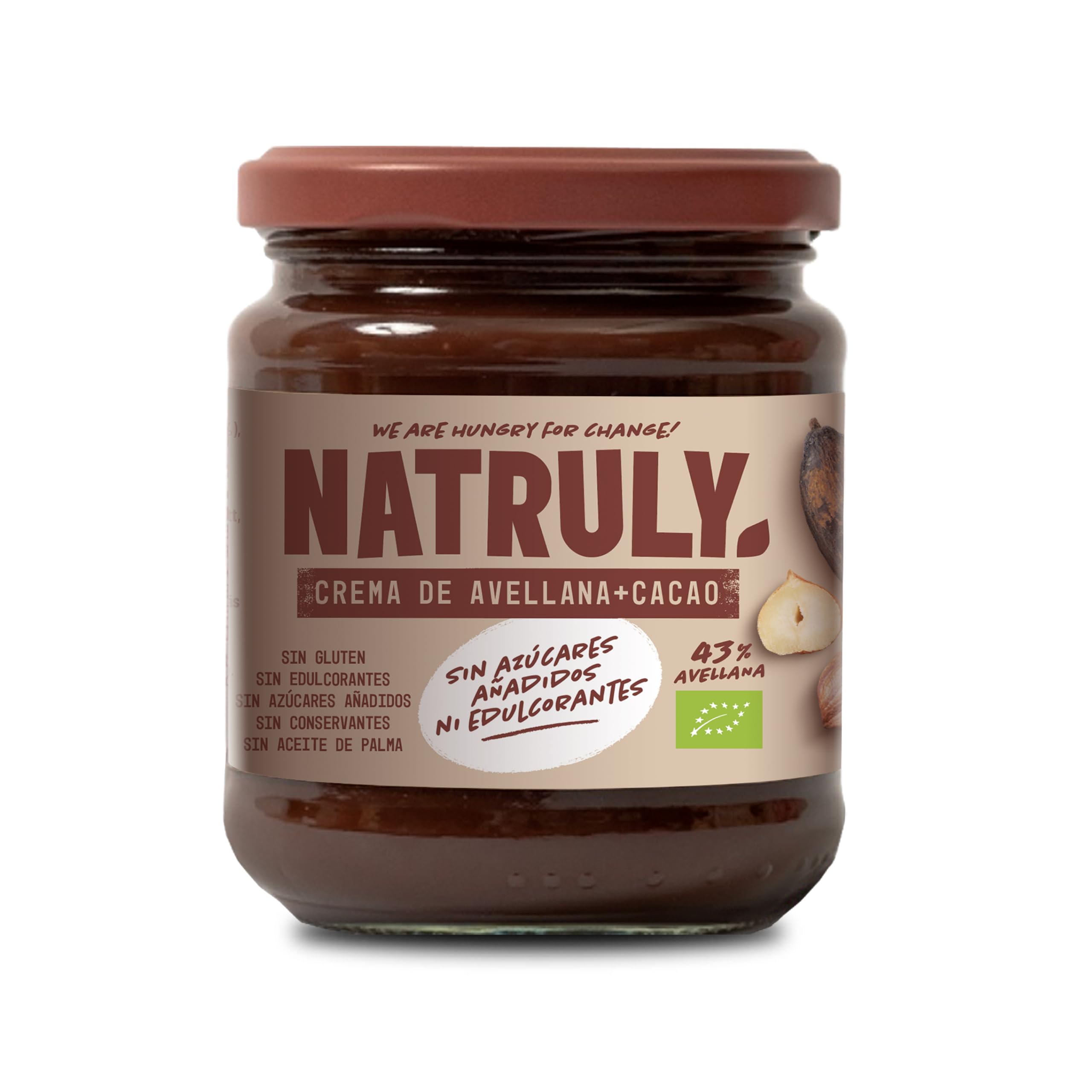 NATRULY Crema de Avellanas y Cacao Sin Azúcar y Sin Edulcorantes, con Fibra de Achicoria, 43% Avellana