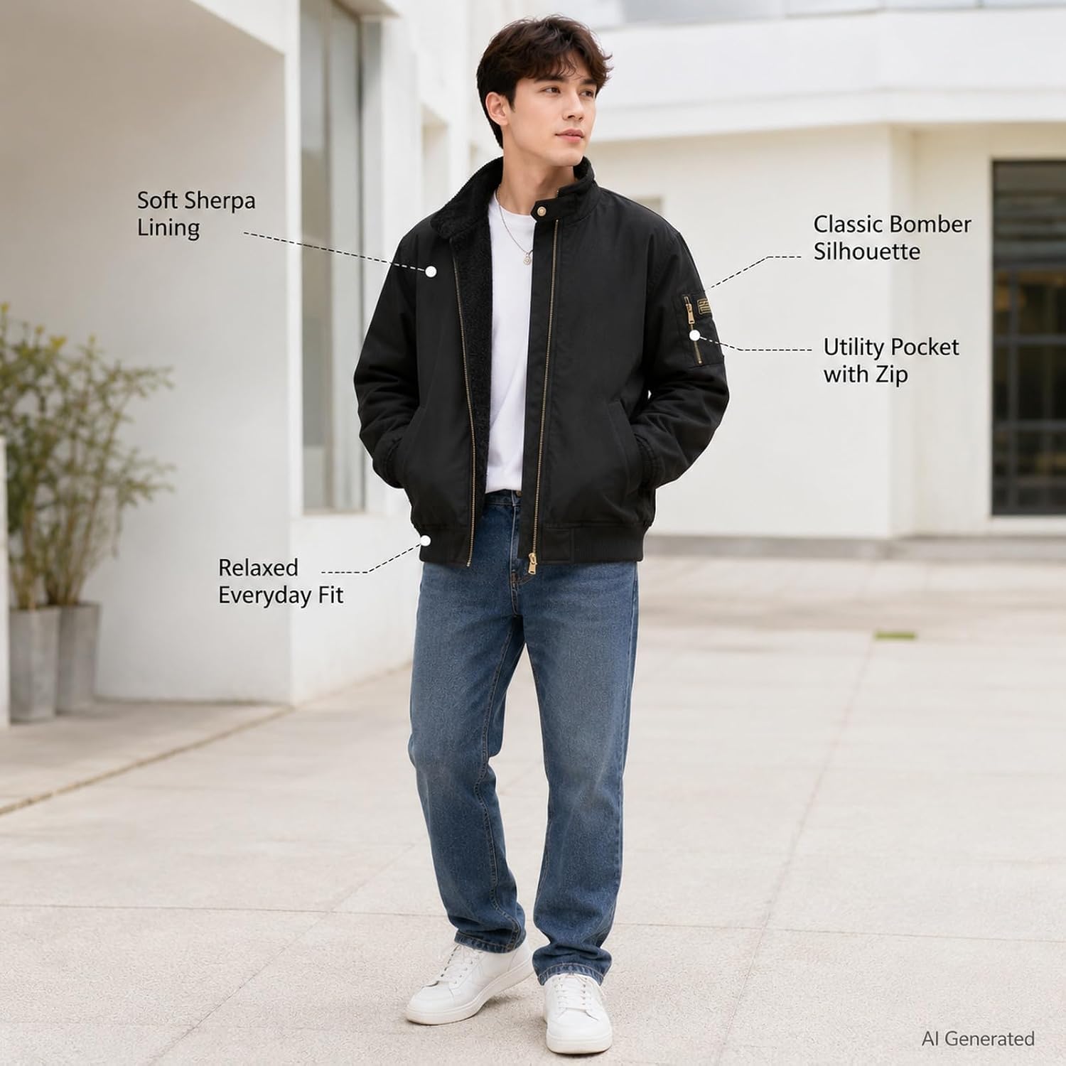 Mens Bomber Jacket Winter Lined Workwear With Utility Pockets Relaxed Fit