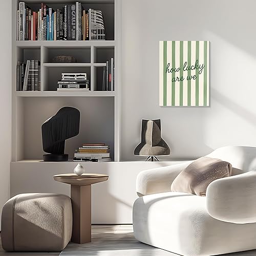 Miniatura 5 de FISWAFY Lienzo enmarcado con texto en inglés How Lucky Are We para decoración de pared, póster inspirador positivo a rayas verdes retro de moda,