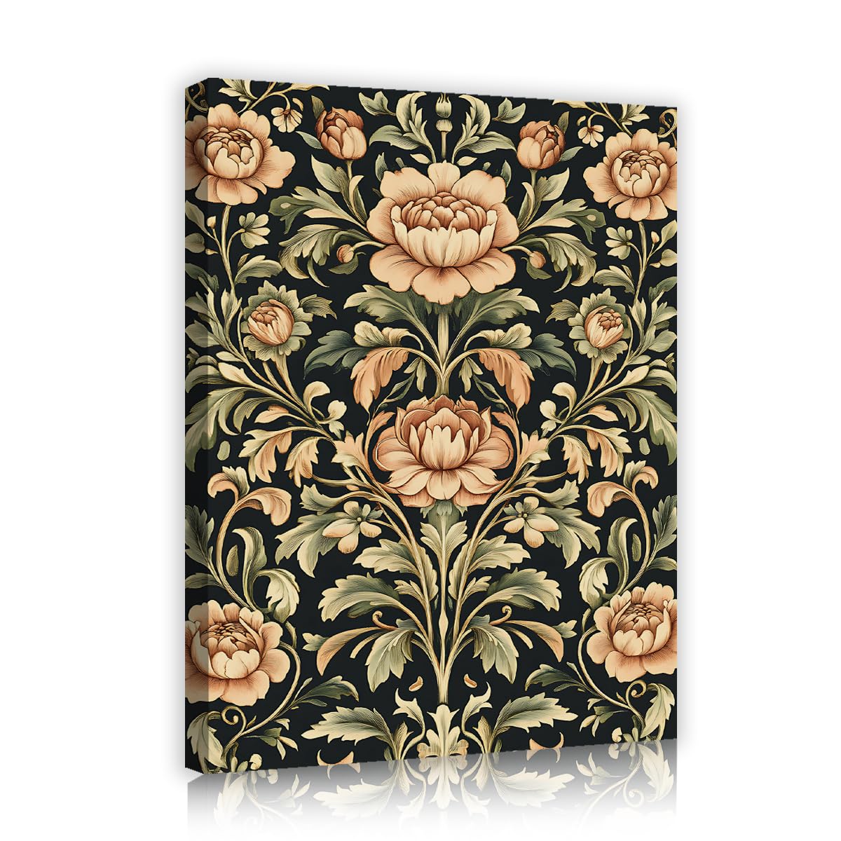 TOANGWALL Vintage Floral Canvas Wall Art Beige Peony Blossom Print Dark Background Retro Botanical Damask Illustration Framed Mural Pictures for Living Room Bed Office Decor 85x100cm