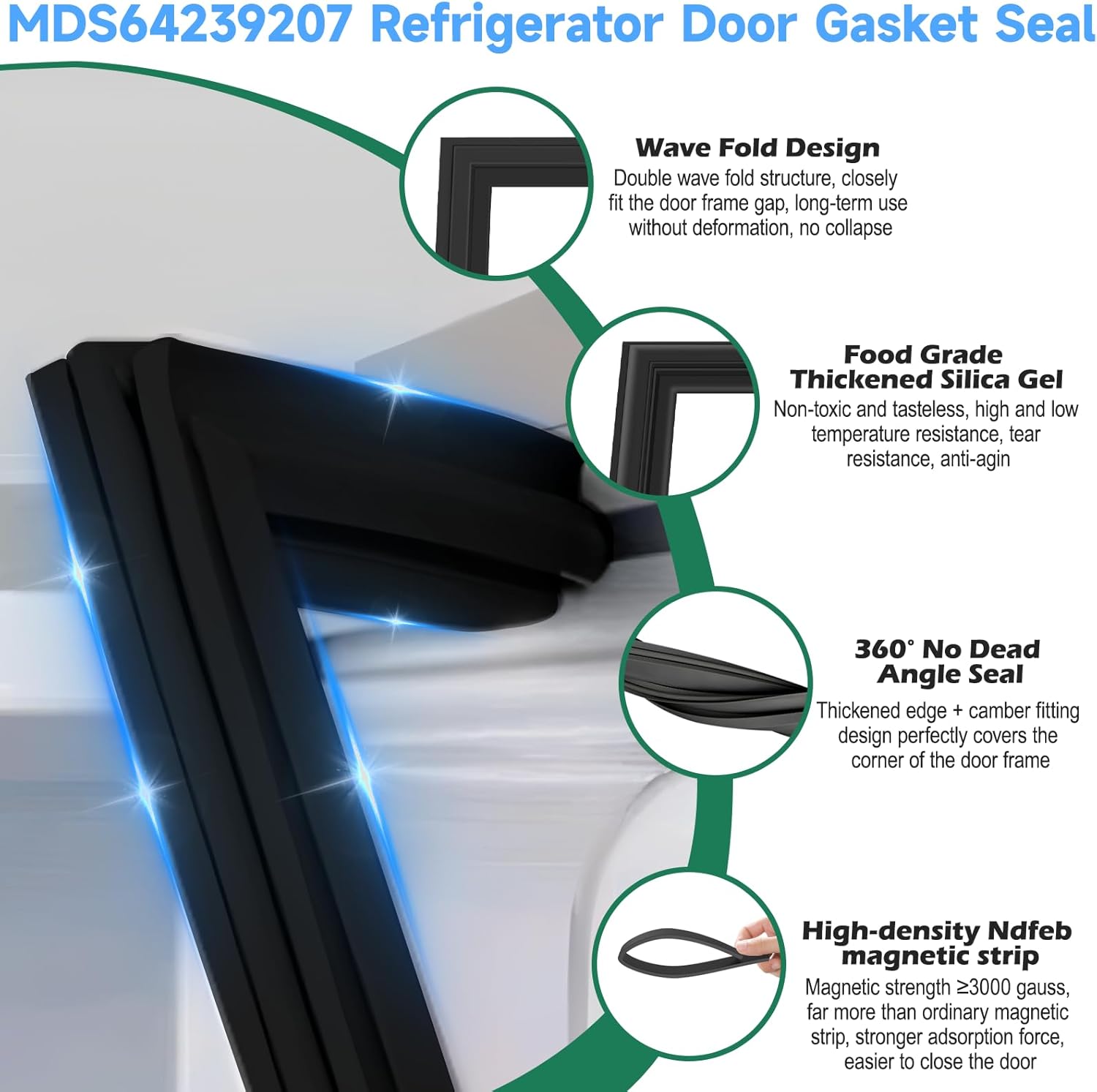 UPGRADED MDS64239207 Refrigerator Door Gasket Replacement Compatible with LG, Kenmore Bottom-Mount Refrigerator Door Seal, Replaces Part Number MDS62111101 MDS62111103 Freezer Door Gasket (Black)