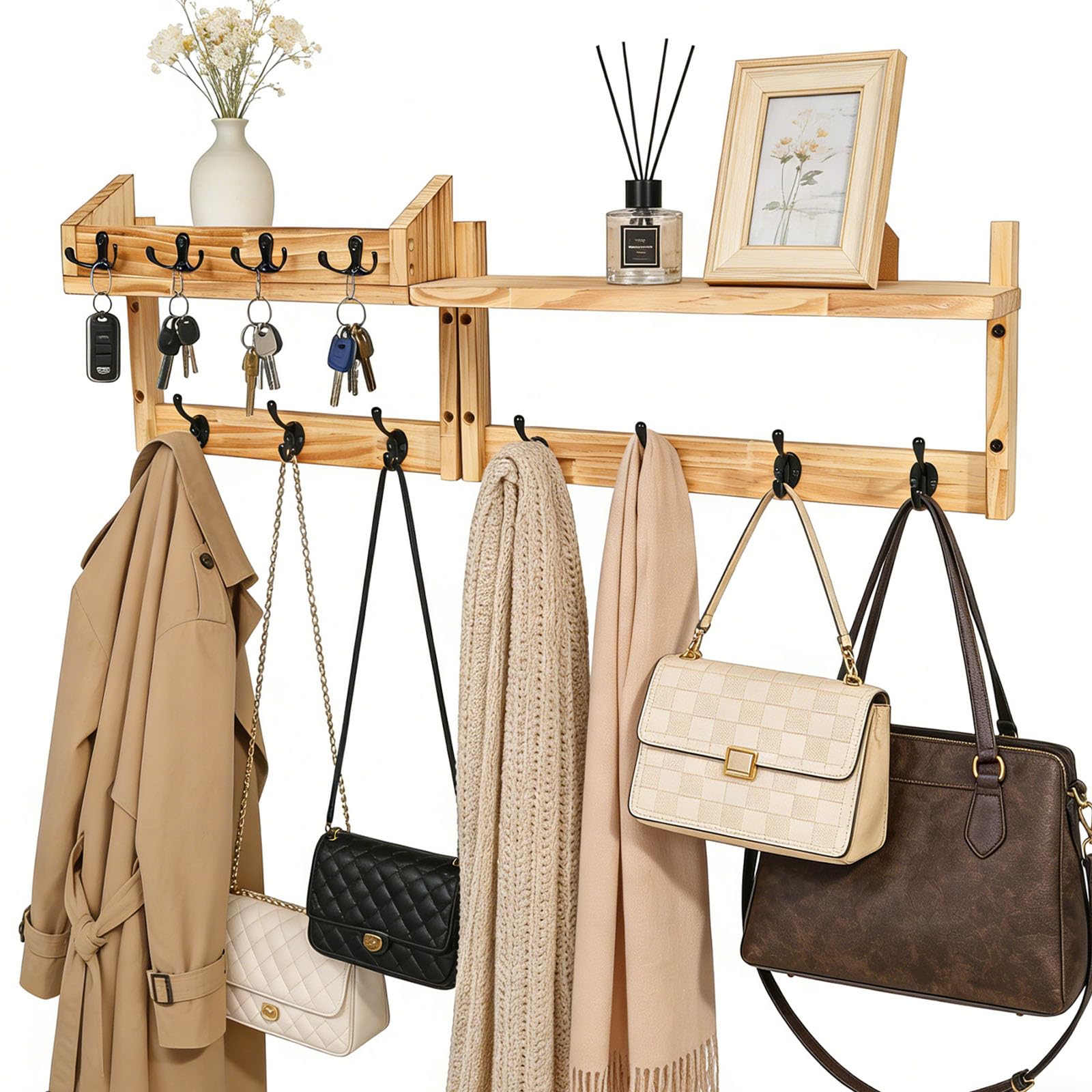 Wandgarderobe mit Ablage, 73cm Garderobenhaken Holz, Kleiderhaken Holz mit 7 Haken und 4 Doppelhaken, Hakenleiste Garderobe Wand für Eingang, Flur, Schlafzimmer, Wohnzimmer
