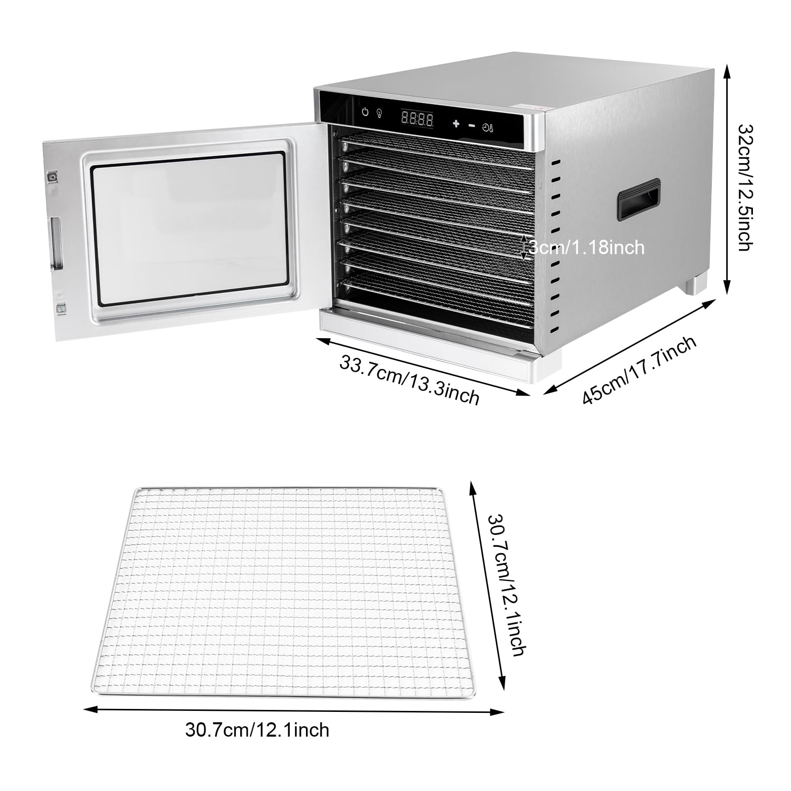 Deshidratador de alimentos de acero inoxidable de 8 pisos con pantalla táctil LCD, 700 W, secador de frutas con temporizador y regulación de temperatura para familias, jardineros, deportistas