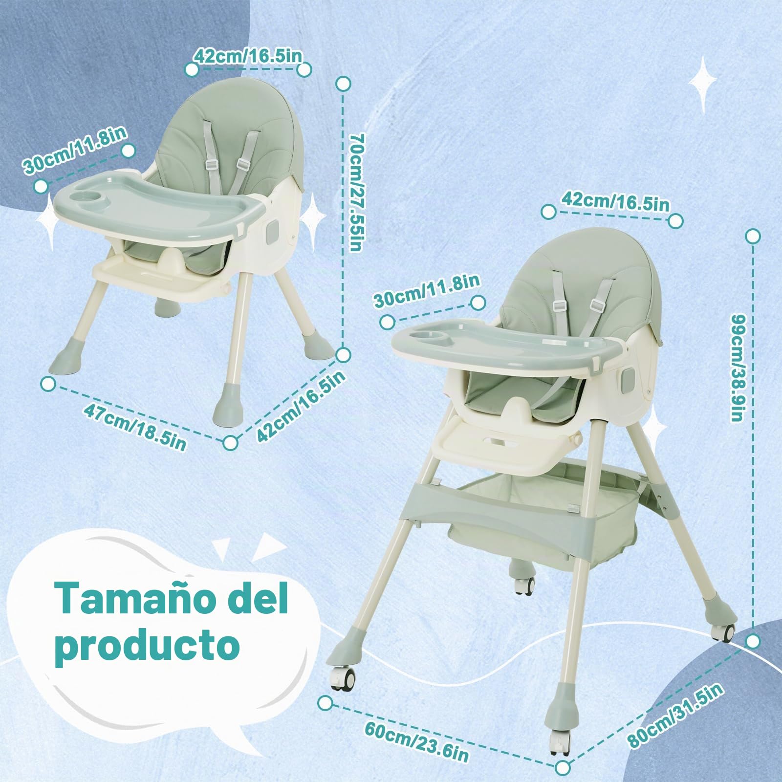 Trona Bebé Evolutiva 3 en 1,Plegable,Reclinable,Doble Bandeja Desmontable,con Ruedas Universales,3 Respaldos Ajustables y Cinturón de Seguridad de 5 Puntos,Para Bebés a partir de 6 Meses,Verde