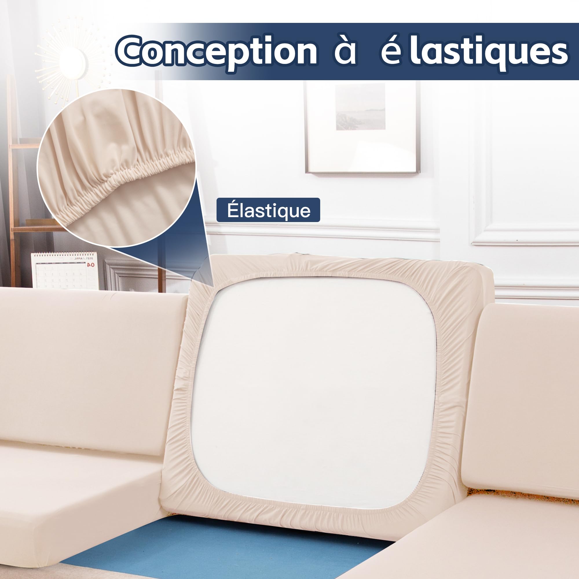 Ensemble de 8 Housses de Coussins pour terrasse|Housses pour canapés d'extérieur|Housses Extensibles pour Coussins de canapé|Protections pour Meubles lavables et réutilisables (1, Beige)