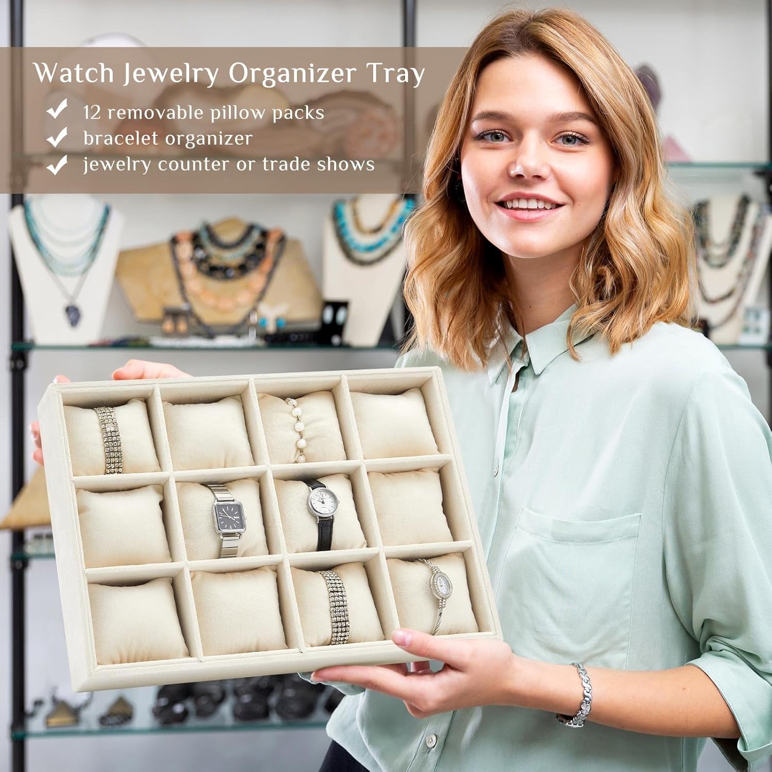 Henoyso 2 Pieces 12 Grid Velvet Watch Tray Jewelry Organizer Stackable Watch Bracelet Bangle Display Holder Adjustable Pillow(Beige)