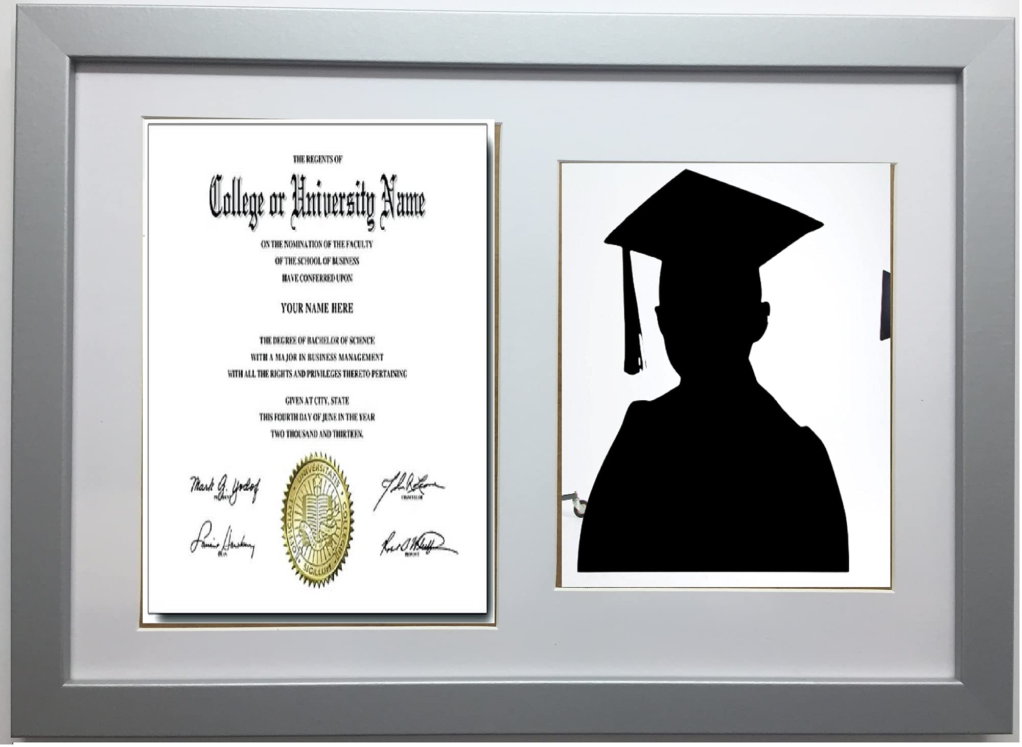 Graduation White Mounted Double Photo Frame for 1 A4 Certificate and 8X10'' Photograph (Silver)