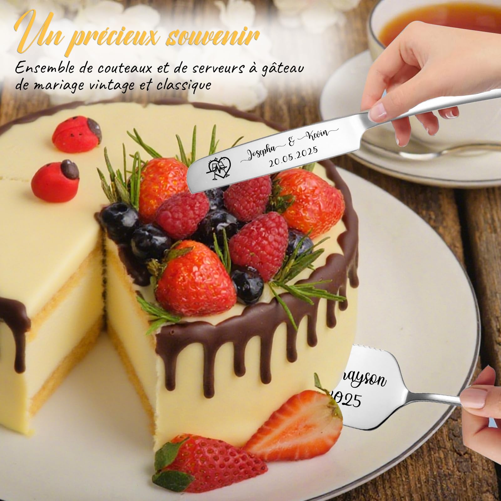 Ensemble Couteau et Pelle à Gâteau Gravés pour Mariage - Personnalisation avec Vos Noms et Date - Cadeau Personnalisé pour Anniversaire, Saint-Valentin ou Noël (Couteau Ã GÃteau en Argent)