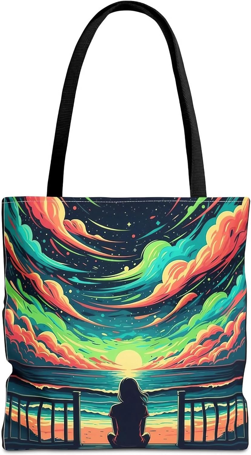 Beneath the Neon Sky Tote Bag – Surreal Sunset Art, 18x18 Durable Polyester Everyday Carry Tote with Reinforced Handles